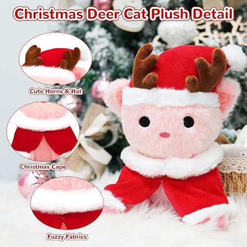 Miniatura 3 de Lindo juguete de peluche de gato de 9 pulgadas, peluche de gato de Navidad con cuernos de peluche rosa, almohada de peluche de gato de peluche