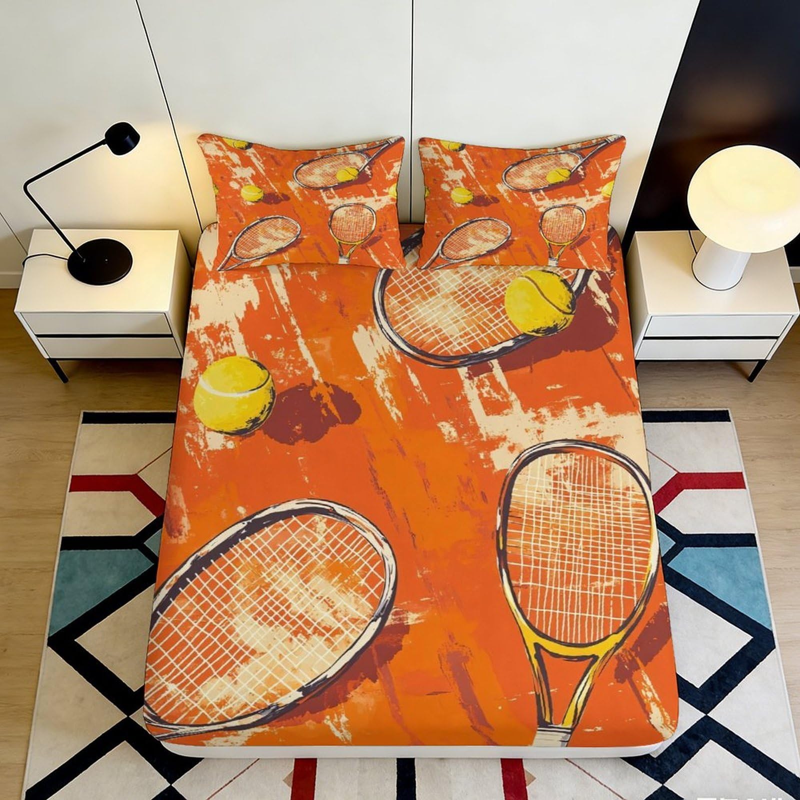 3D Printed Orange Tennis Racket Fitted Sheet Microfiber Soft Breathable Yellow Tennis Ball Mattress Cover, Bedroom Dorm Decor 180x200x25cm