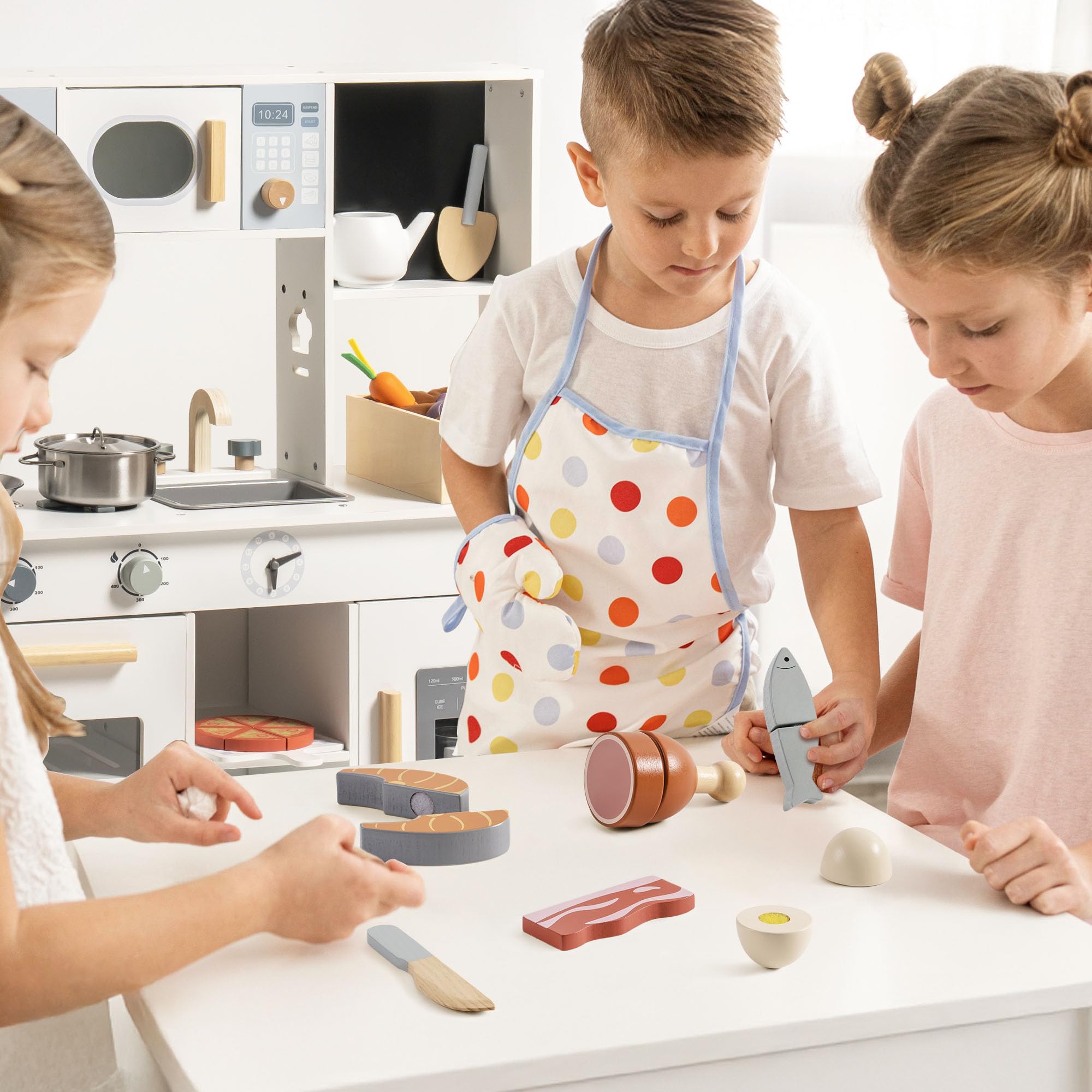 ROBOTIME Montessori - set di taglio in legno per bambini, accessori in legno per giardino e cucina