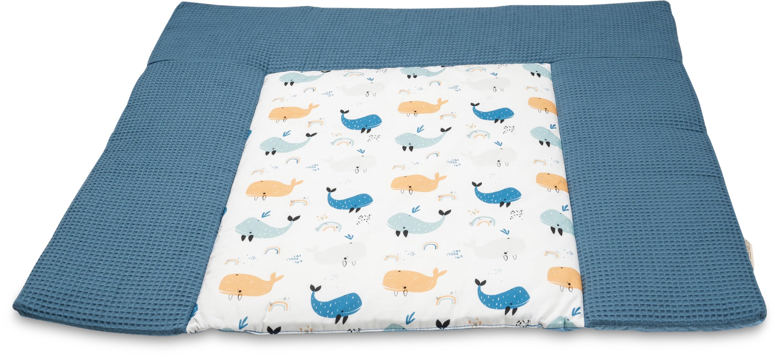 ULLENBOOM Wickelauflage 85x75 cm Waffelpiqué Blau Wale (Made in EU) - Wickelunterlage Waschbar und für Unterwegs geeignet, Bezug: 100% OEKO TEX Baumwolle, Wickeltischauflage 75x85