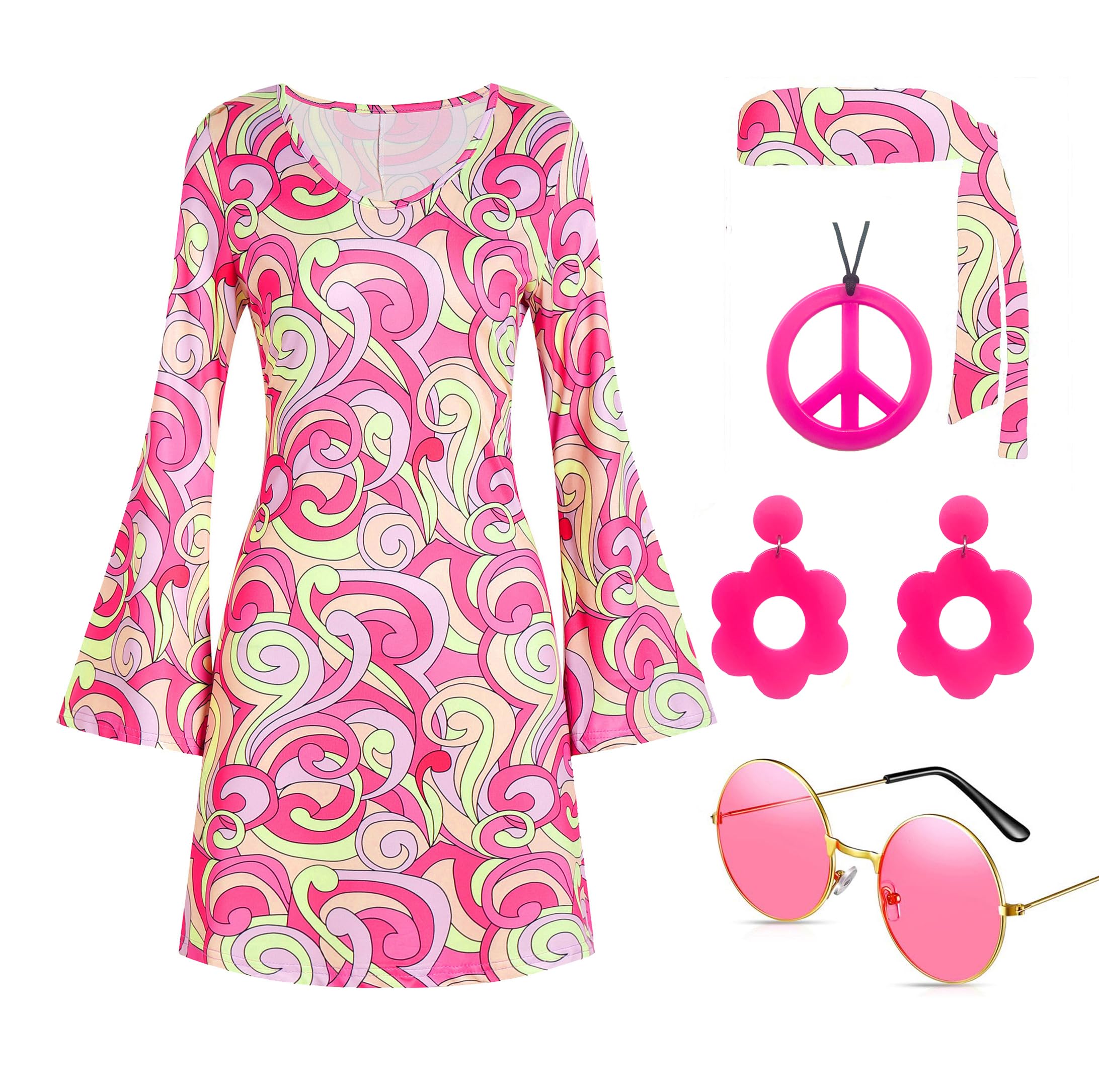 60s 70s Disco Outfit Hippie Costume Women, 1970 Style Clothes Dress Peace Sign Accessories Jewelry Halloween