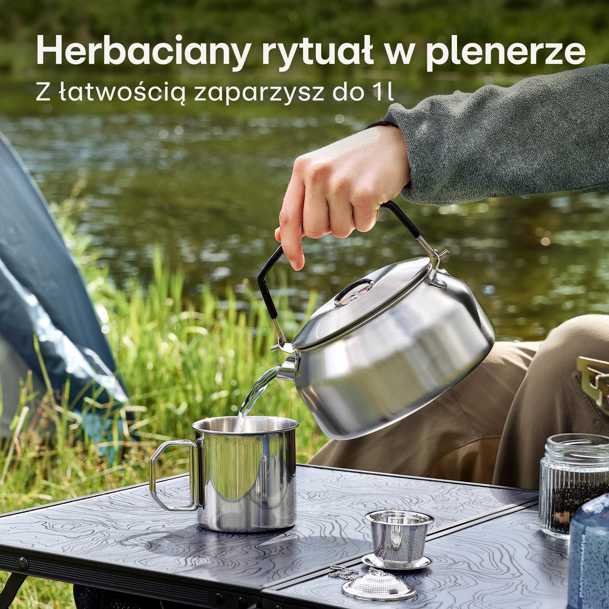 Praknu Zestaw Czajnik Turystyczny 1L Stal Nierdzewna – Czajnik, Kubek, Zaparzacz & Torba – Sztaplowany – Uchwyt z Silikonu Odporny na Ciepło – Indukcja, Gaz & Ogień – Do Zmywarki