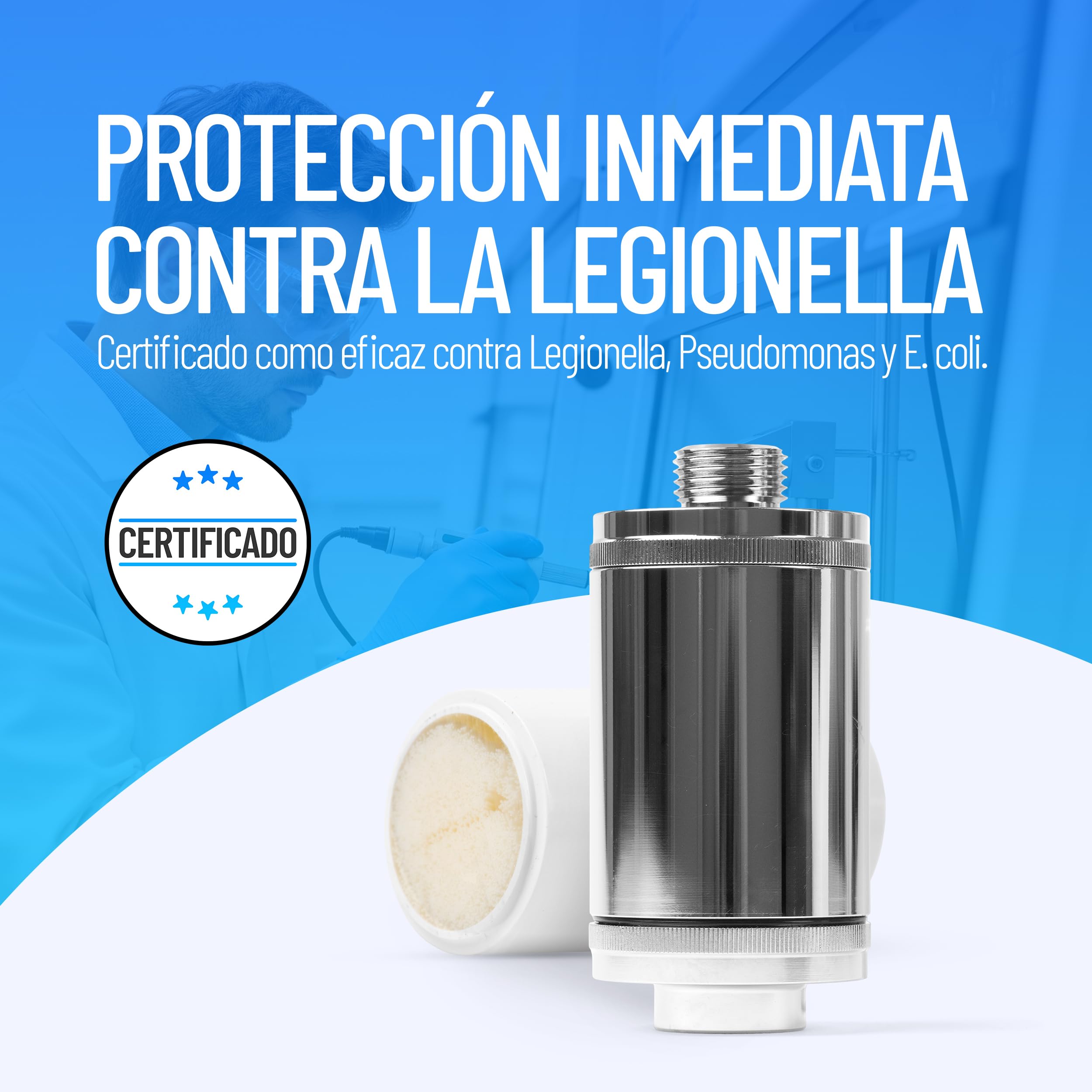 Filtro antilegionela baño ducha Longlife | Certificado | Juego completo con filtro de recambio | Protección inmediata para casa, piso, hotel | Elegante y discreto