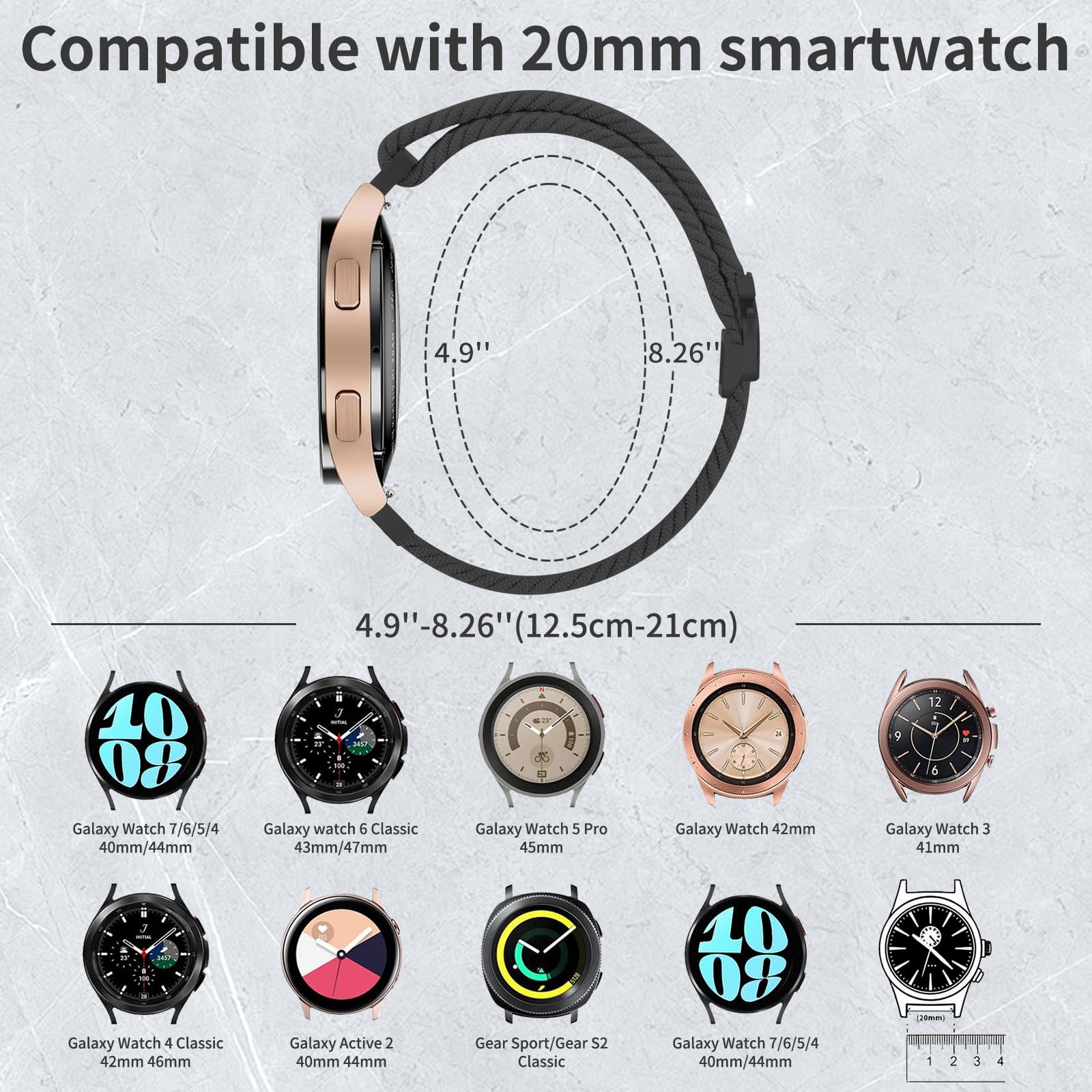 Chinberky Nylonowy pleciony pasek 20 mm, kompatybilny z Samsung Galaxy Watch 4/5/6/7/FE40 mm, 44 mm, 5 Pro 4 i 6 Classic / Active 2, 40 mm, 44 mm / 3 41 mm / Gear Sport/Gear S2 Classic