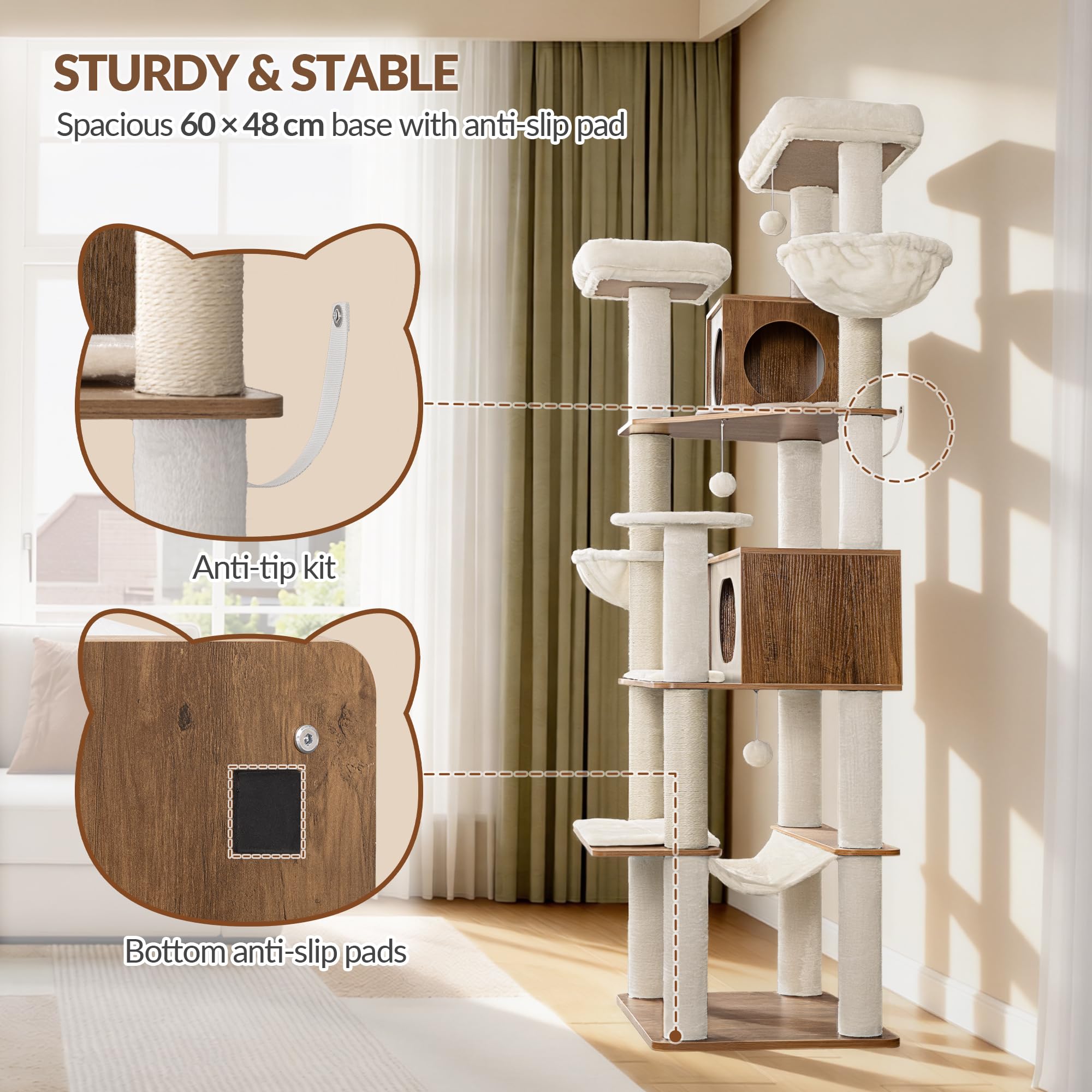 Arbre à Chat XXL, 208 cm Tour de Jeu, Marron et Blanc | Grande Niche et Hamac, 2 Plateformes, 5 Poteaux à griffer, Panier, Pom-poms, pour l'intérieur Moderne FPMS016PWR1