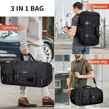 WITZMAN Duffle Bag for Men 3 in 1 Convertible 45L Nylon Gym Travel Backpack | Multi-pockets with Shoe Compartment and Dry-wet Pocket, One Duffel Bag for Sports, Weekender, Overnight, B693 Black