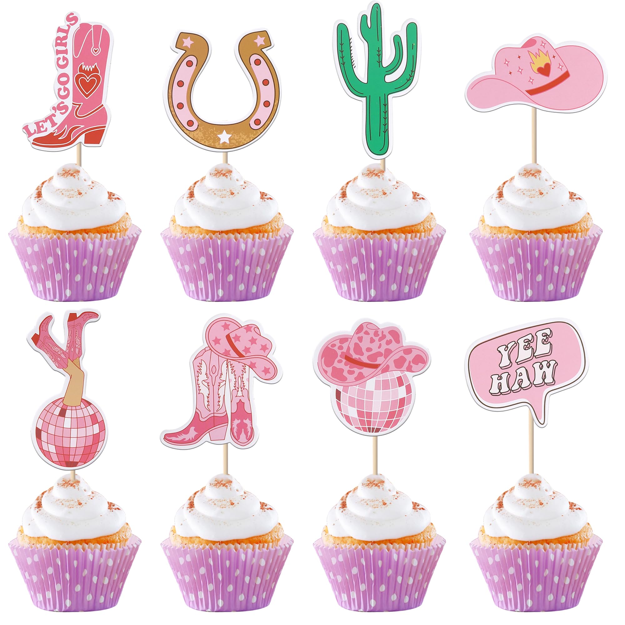 40 PCS Cowgirl Cupcake Toppers Double Sided HorseShoe Cactus Hat and Boot Cupcake Picks Disco Ball Cup Rodeo Cake Decorations for Western Cowgirl