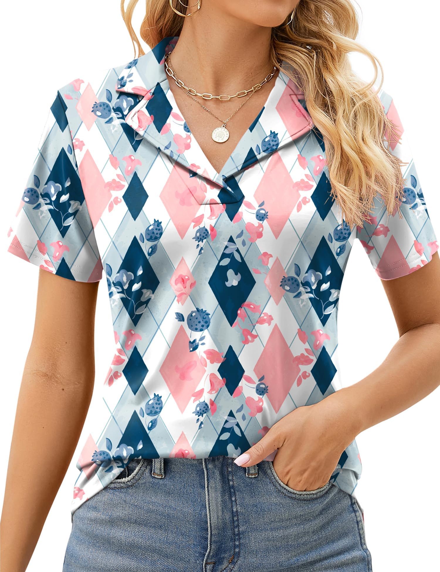 Rapbin Women's Polo Shirts Lapel Collar V Neck Short Sleeve Blouse Dressy Casual Tunic Tops