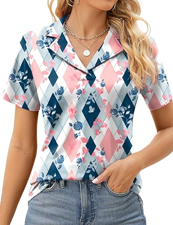 Rapbin Womens Polo Shirts Lapel Collar V Neck Short Sleeve Blouse Dressy Casual Tunic Tops