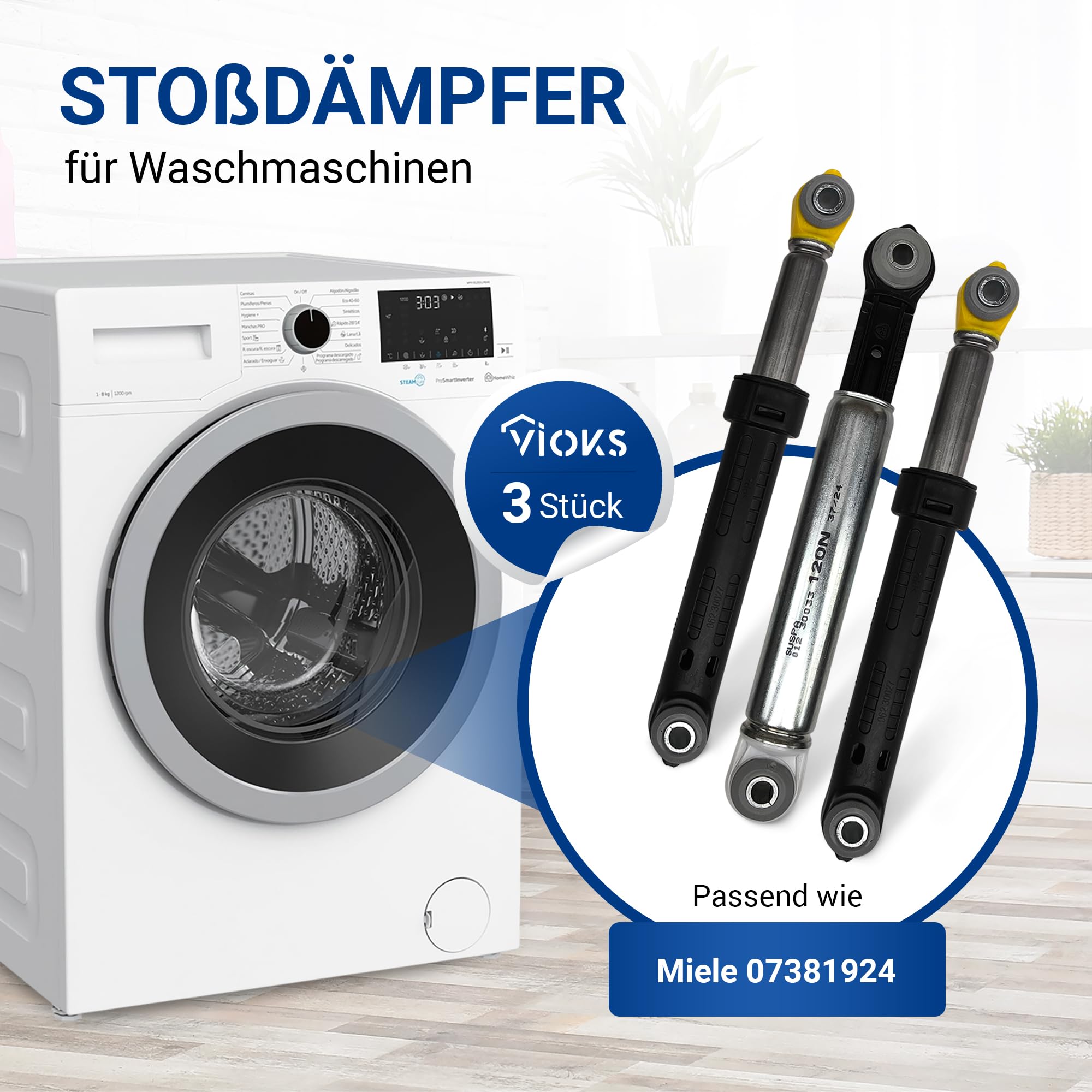 VIOKS 3x Stoßdämpfer Waschmaschine Ersatz für Miеle 7381924 07381920 SUSPA | Vibrationsdämpfer Schwingungsdämpfer Waschmaschinendämpfer Dämpfer, 8mm Bohrung 120N, für Waschmaschine