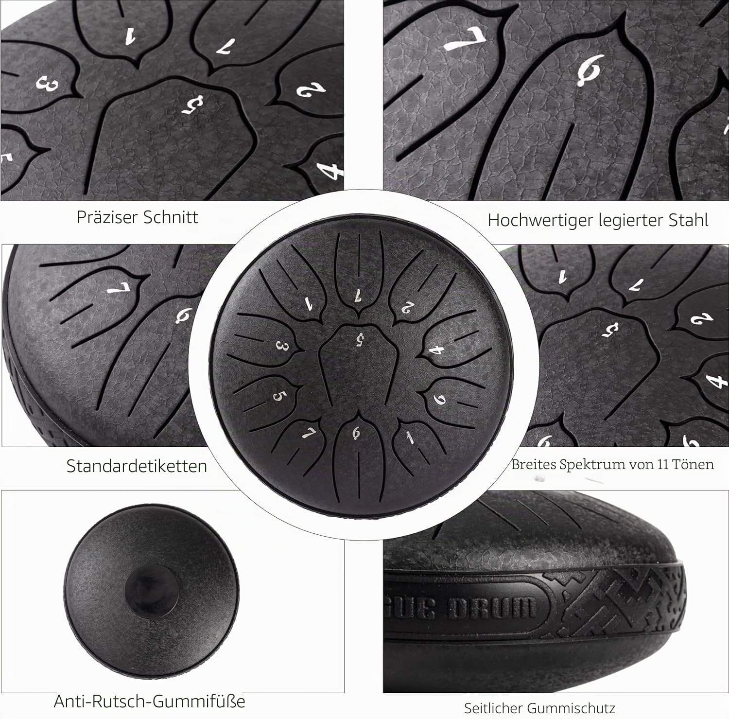 Zungentrommel, 6 Zoll 11 Noten D-Dur Steel Tongue Drum mit Musikbuch, Trommelschlägeln, Steel Pan Töne Schlaginstrument Schlagzeug Anfänger für Meditation Yoga (Golden, 6 Zoll, 11 Töne)
