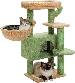PETEPELA Cactus Cat Tree Tower for Indoor Cats, [34.6''=88CM] Cat Condo House with Large Hammock and Scratching Post, Cat Activity Tree with Top Removable Bed,Green