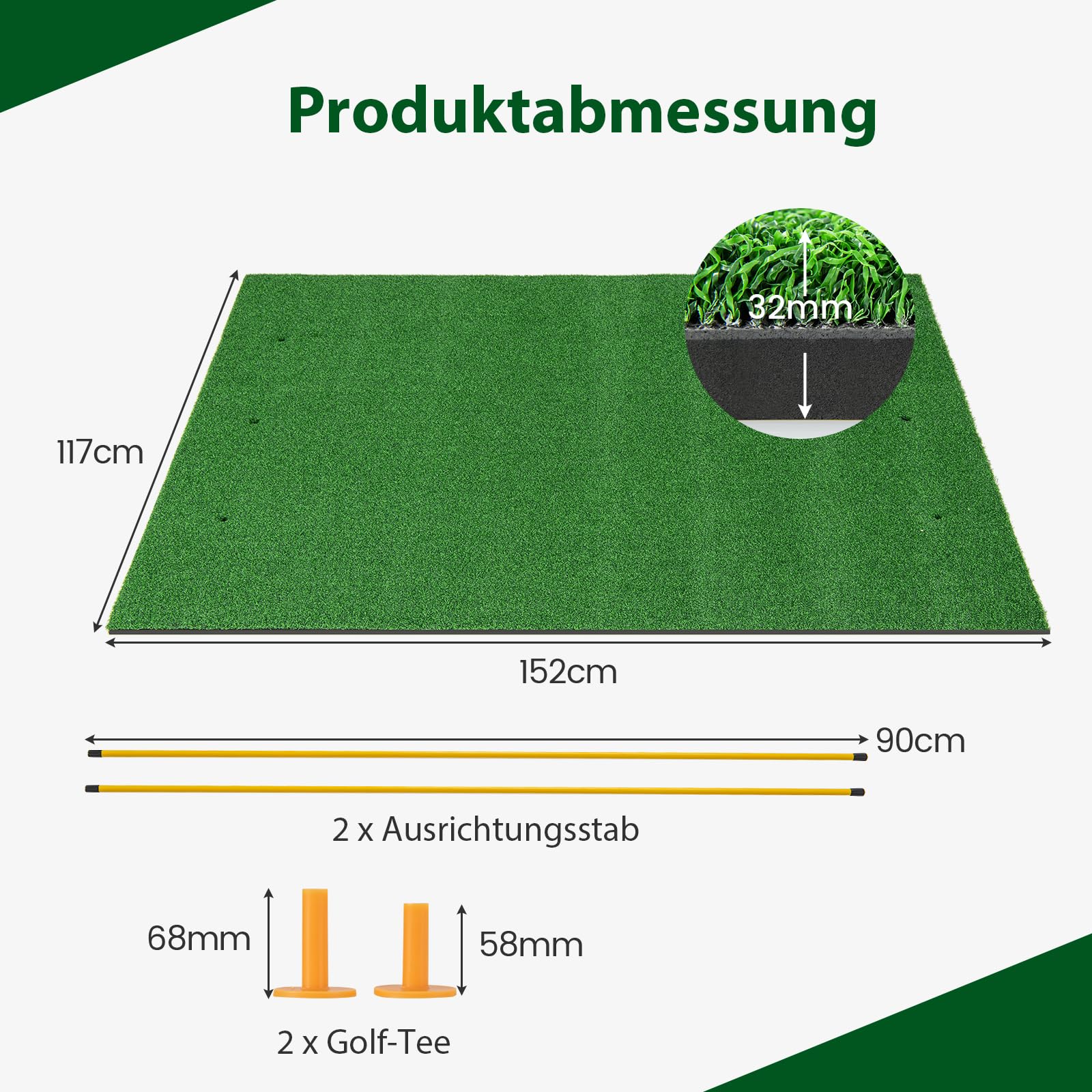 GYMAX Golf Abschlagmatte, Golf Übungsmatte mit 2 Gummi-Tees, 2 Ausrichtungsstäben & 6 Abschlagpositionen, Golf-Schlagmatte für Schwung-Training, Golfmatte für Indoor & Outdoor