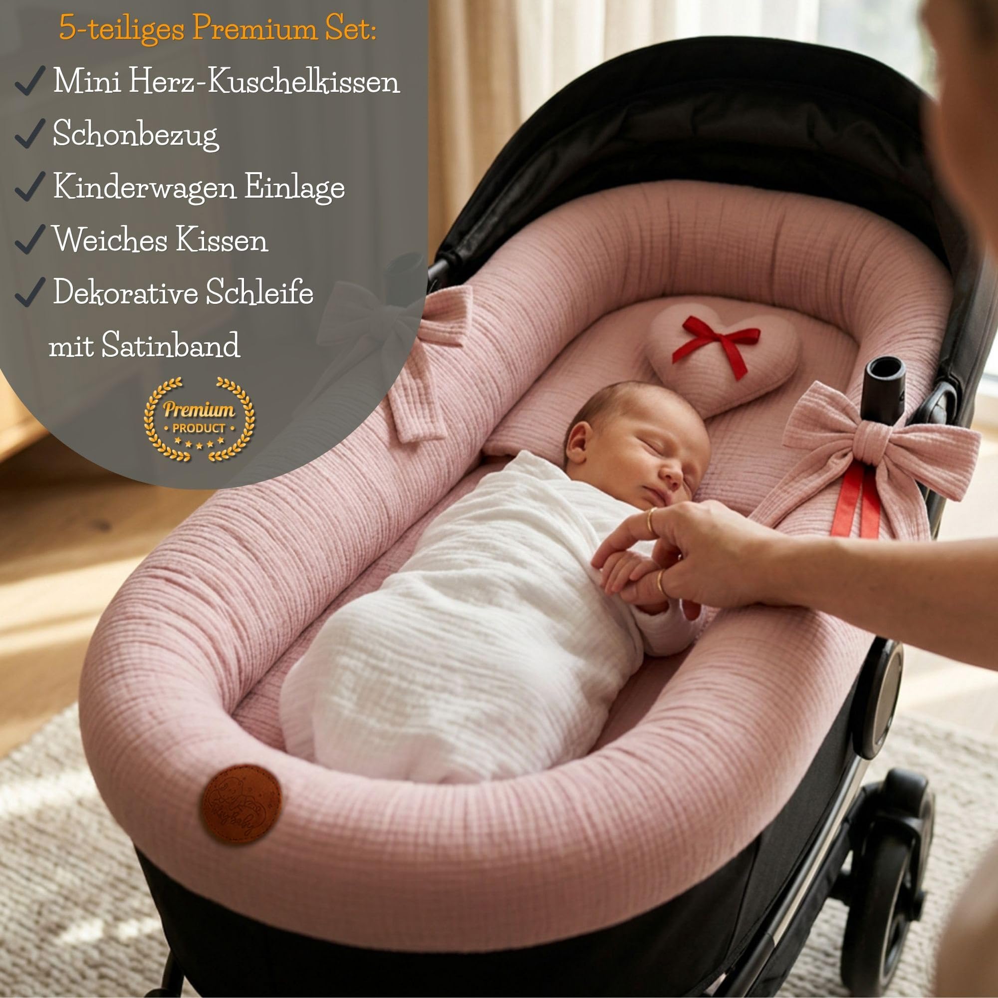 Cubre Capazo Universal de Muselina de Algodón – Funda Capazo Interior Transpirable que Viste y Protege el Cochecito – Set 3 Piezas con Almohada e Inserción Recién Nacido Rosa