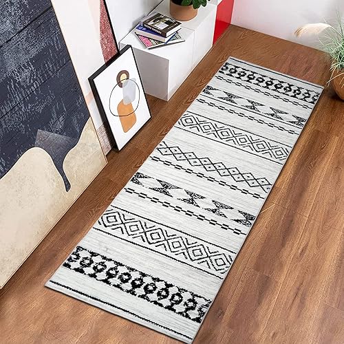 Alfombra de pasillo de 2 x 8 pies, impermeable, marroquí, lavable, para sala de estar, entrada, pasillo, lavandería, 2 x 8 pies, color negro y blanco