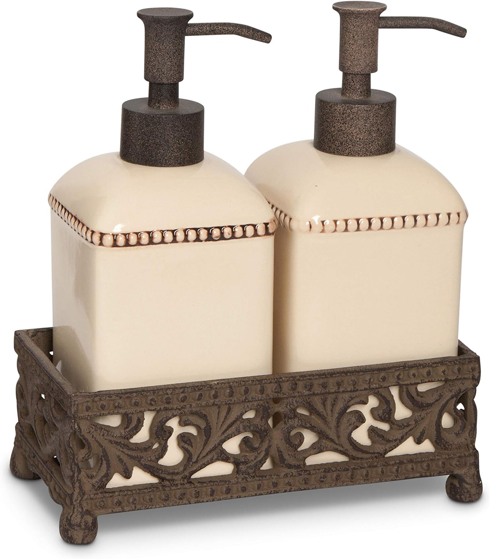 Scrolled Acanthus Leaf Cream Ceramic Soap & Lotion Set with Metal Base Holder