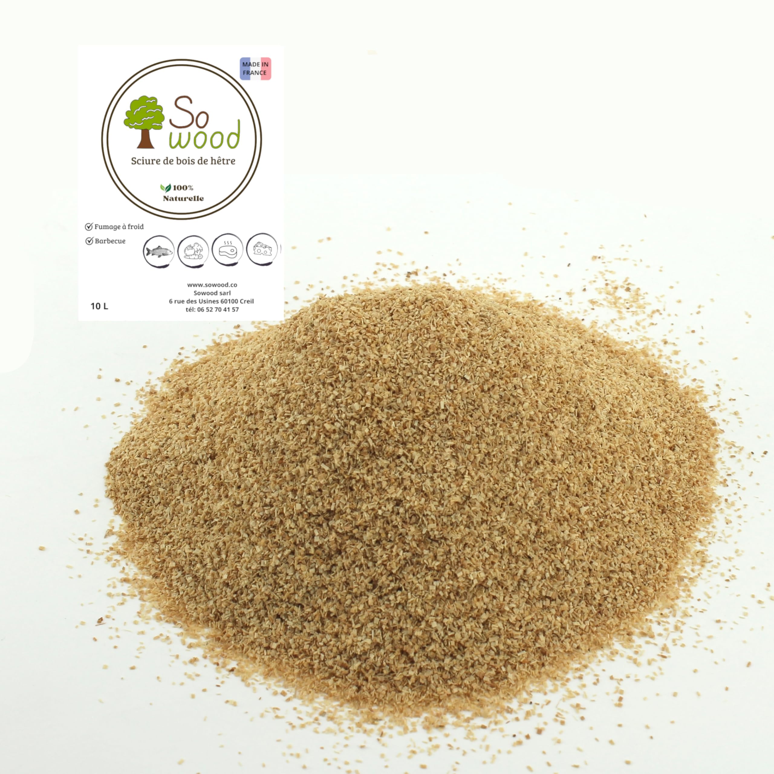 SOWOOD Sciure de Bois de hêtre 10 litres pour Fumage -10 litres - granulométrie 0.35 à 0.9 mm - 100% Naturelle et Issue de forêts françaises - Saveur Douce, Finesse inégalée