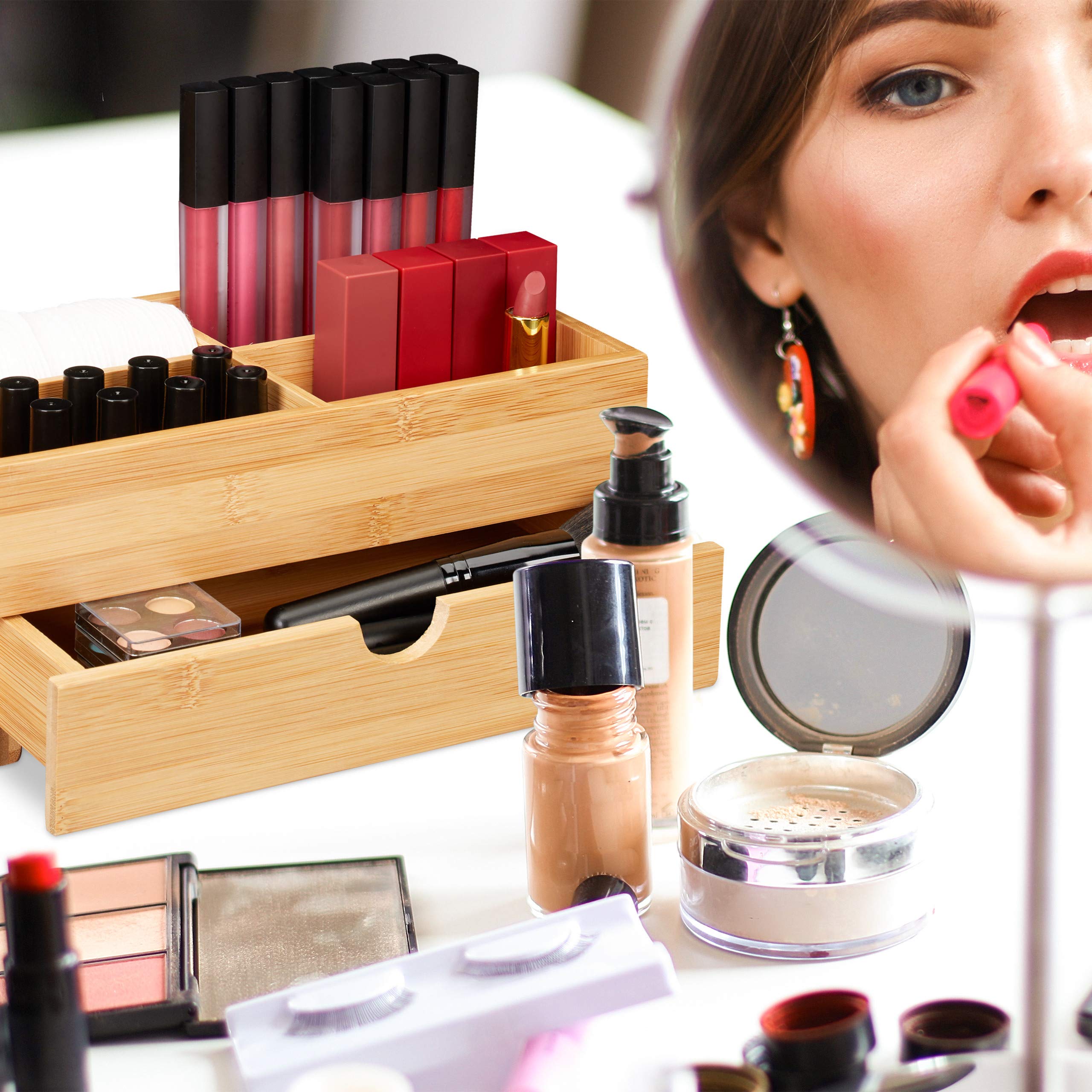 Relaxdays Bambusowy organizer na kosmetyki, wielofunkcyjny, 4 przegródki i szuflada, pudełko na biżuterię, pudełko do przechowywania kosmetyków, kolor naturalny, 11 x 27 x 15 cm