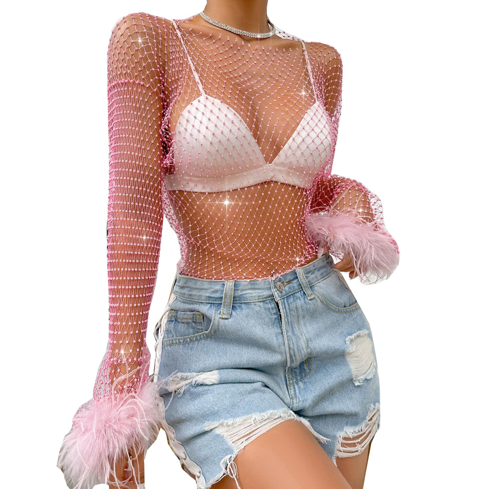 Bauchfreies Oberteil für Damen, mit Strass, Netzstoff, langärmelig, Bikini, Überzug, Körperkette, Rave, Party, Clubwear