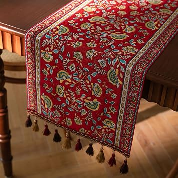 Spring Floral Table Runner 95in Long - Nordic Vine Red Embroidery Jacquard with Tassels, Elegant Easter & Mothers Day Decor for Farmhouse Dining Table, Wedding & Dresser Vine Red, 13.7"x95"