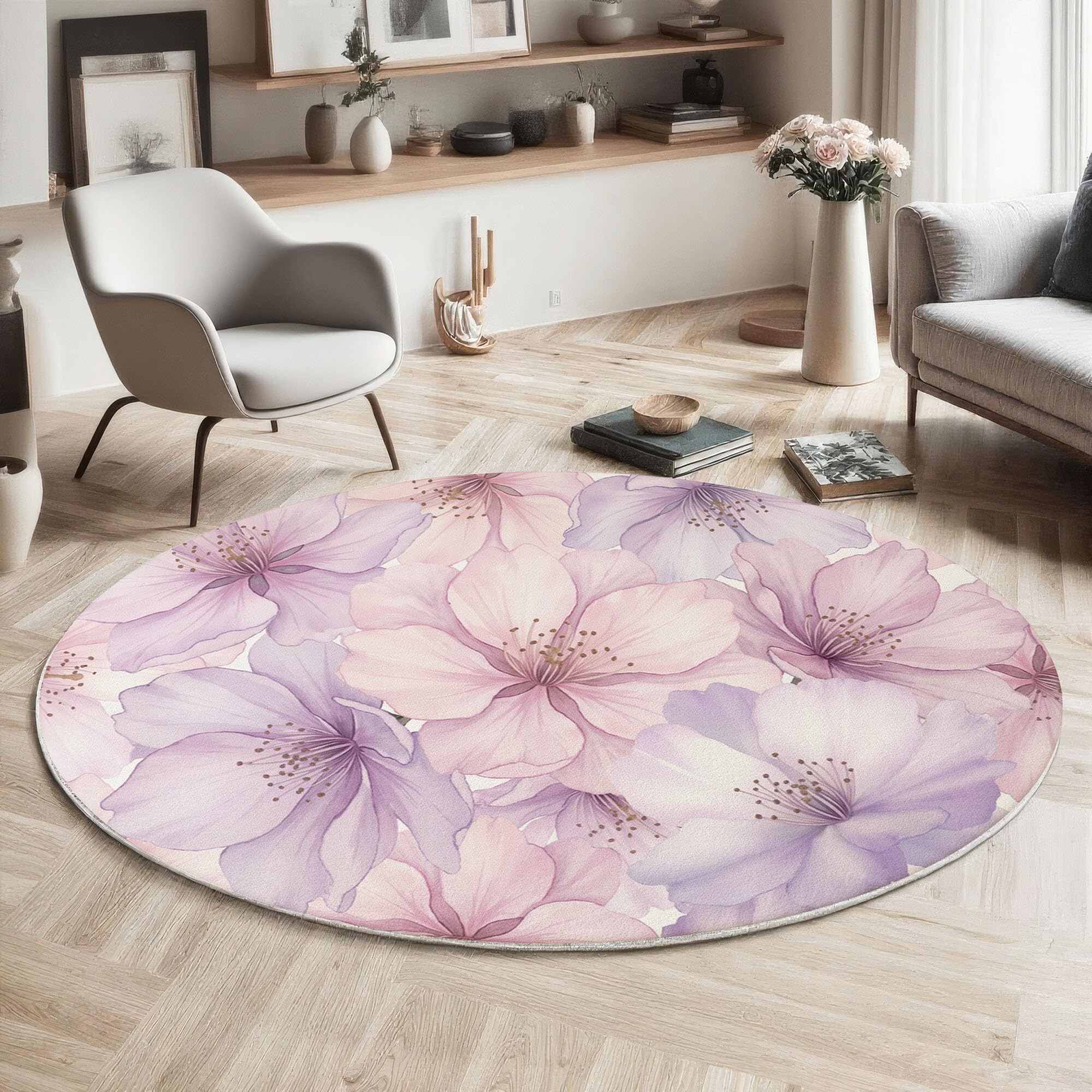 Tapis rond fleurs de cerisier rose pour créer un coin lecture cosy dans votre bureau