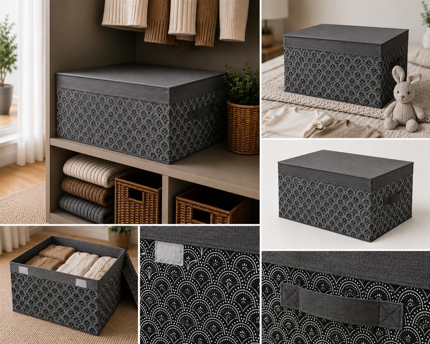 The Little Storage Company Large Collapsible Storage Box with Lid – Foldable Fabric Toy Storage Chest for Bedroom, Nursery and Home (Boho Dark)