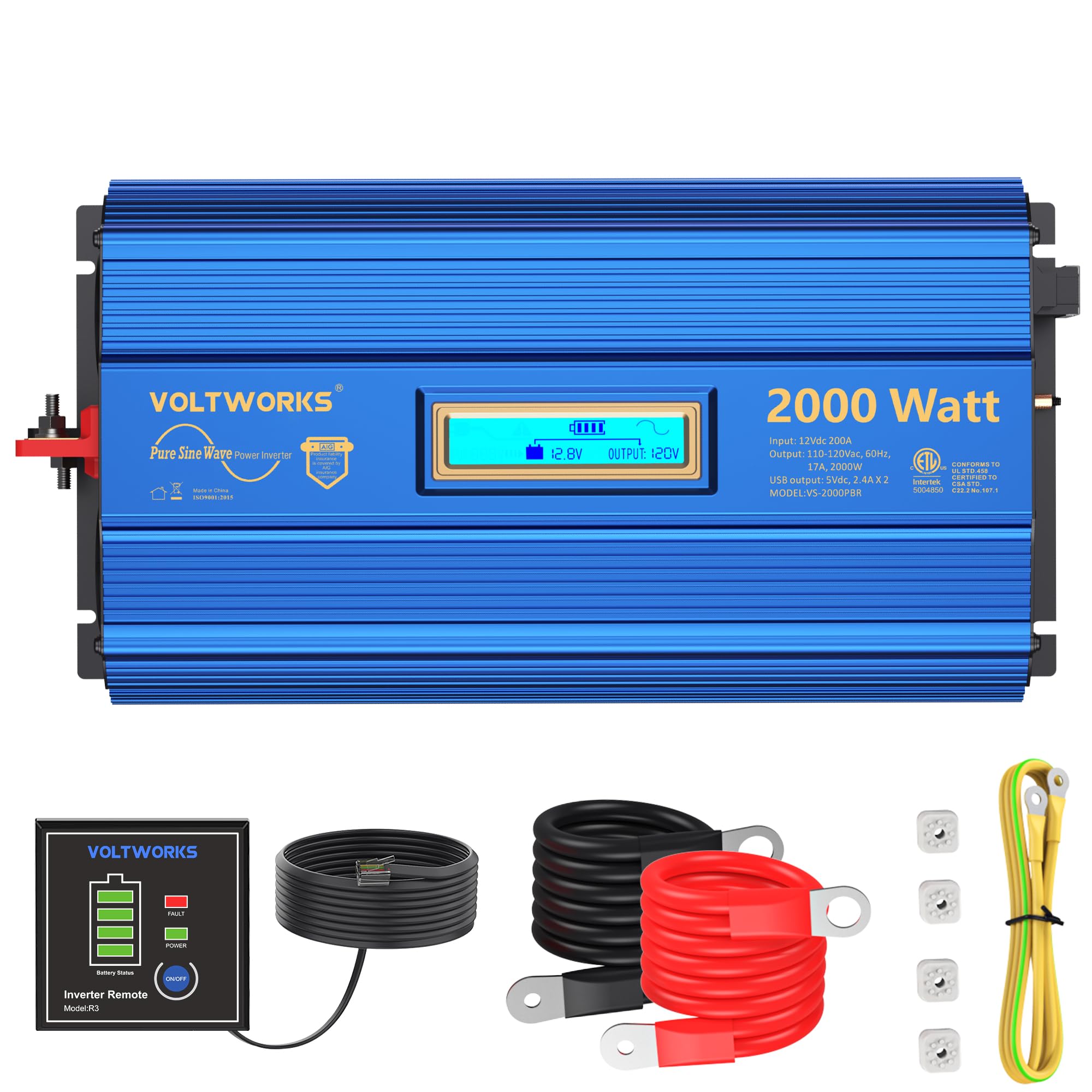 2000Watt Pure Sine Wave Power Inverter 12V DC to 110V 120V AC ETL UL458 Compatible with Lithium Battery Starlink for Off-Grid Solar RV Home Truck with 2.4A USB Ports & 1AC Terminal Block by VOLTWORKS