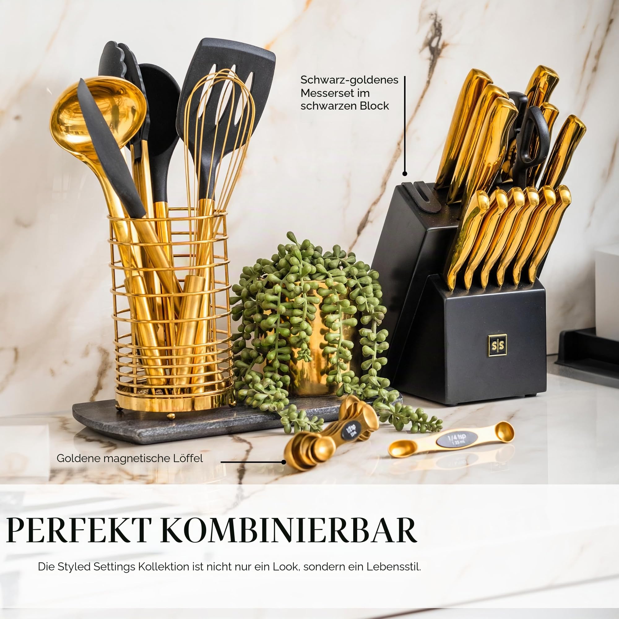 Schwarz-Goldenes Küchenutensilien-Set – 7-teiliges Silikon-Kochset mit goldenem Utensilienhalter – Für Antihaft-Kochgeschirr & moderne Küchen
