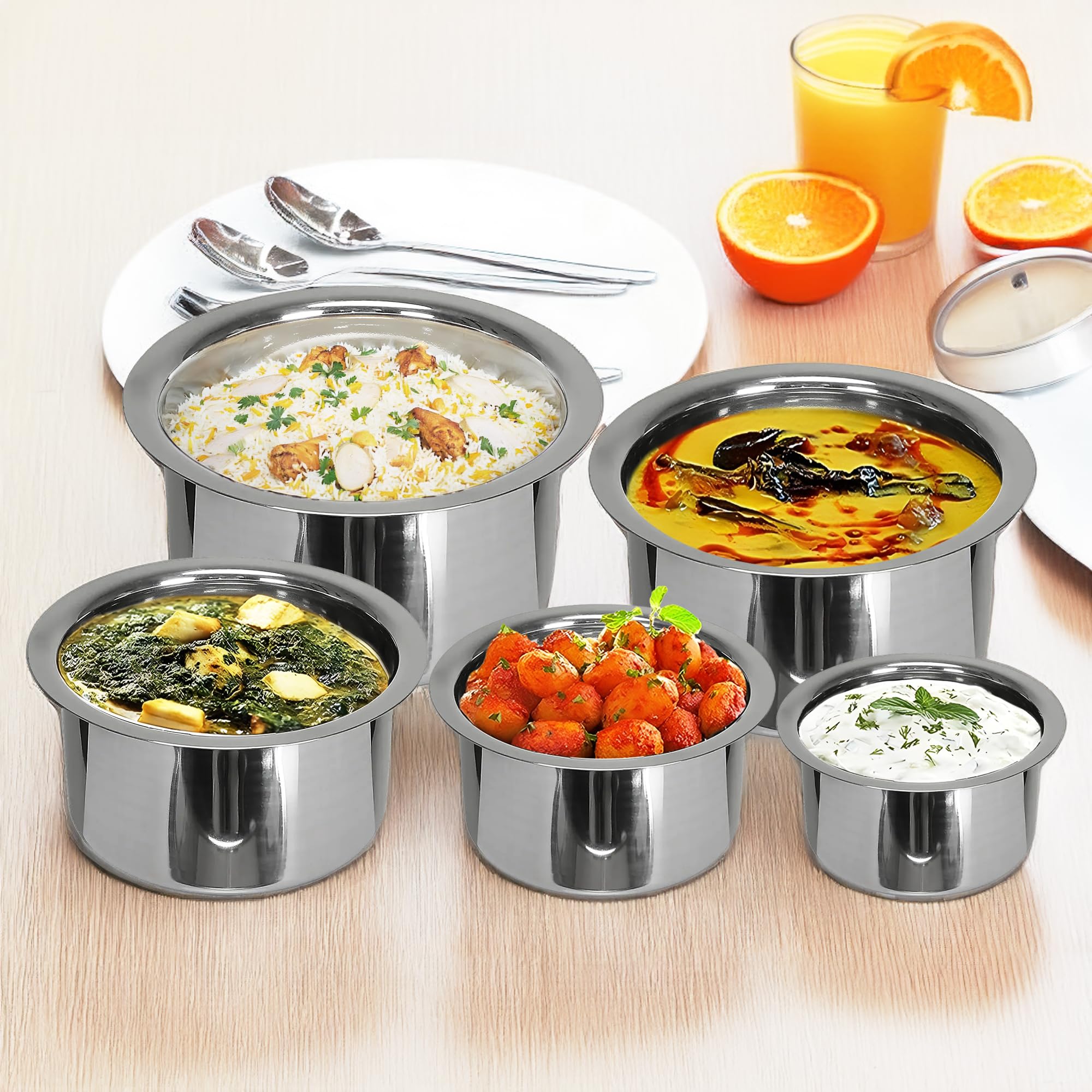 USHA Shriram Stainless Steel Tope Set |Gas & Induction Heating |Stainless Steel Patila, Durable & Wobble Free Base | Flat Bottom (Steel Tope (5 Pcs) - with Lid) (B0BSC5R2PJ) Amazon Price History, Amazon Price Tracker