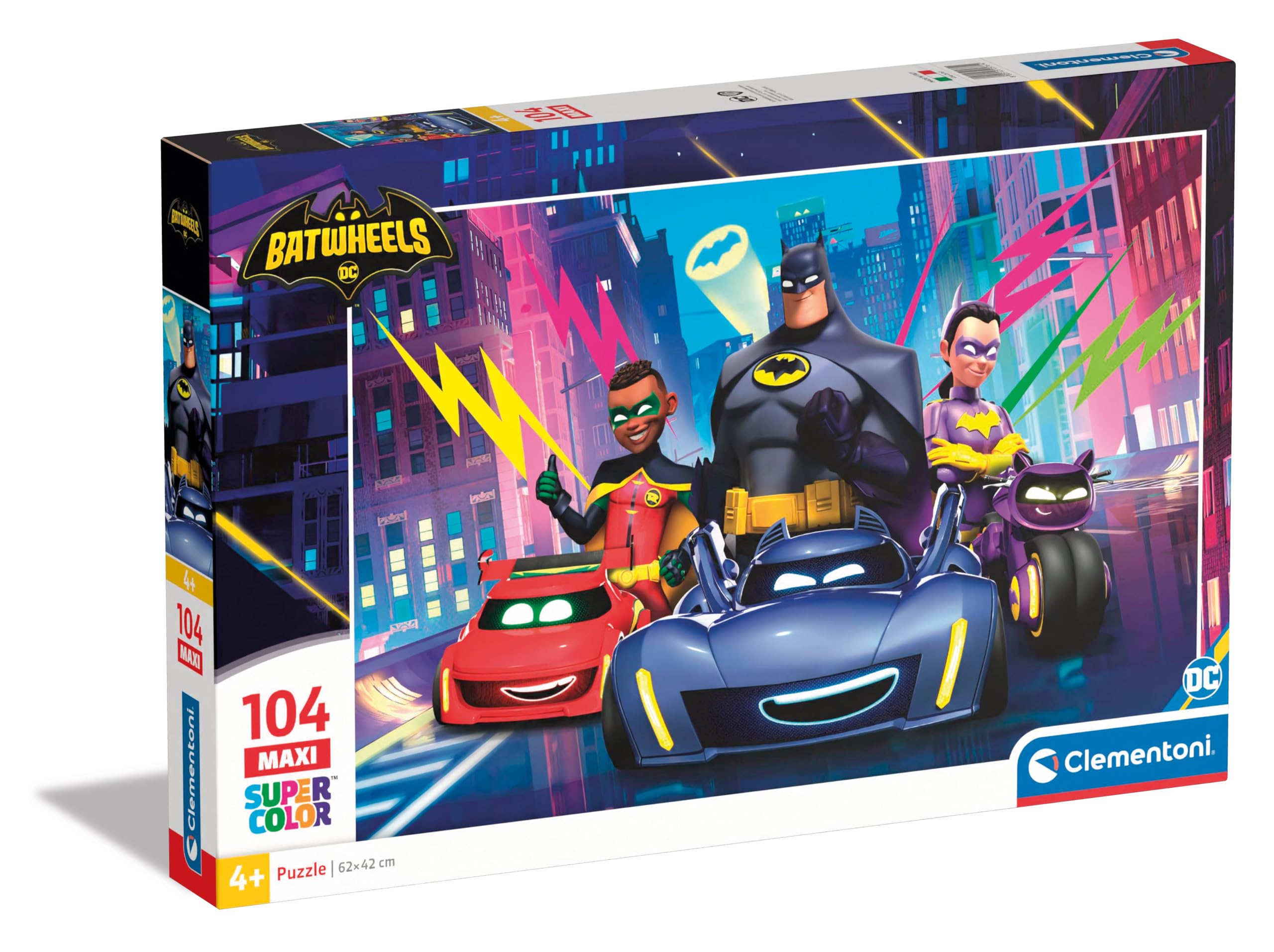 Clementoni Jigsaw Puzzle Batwheels 104 Maxi Pieces - Supercolor Puzzle For Children 4-6 Years, Cartoon, Cars, Gift For Boy/Girls, Puzzle For Kids, Made In Italy, 25761
