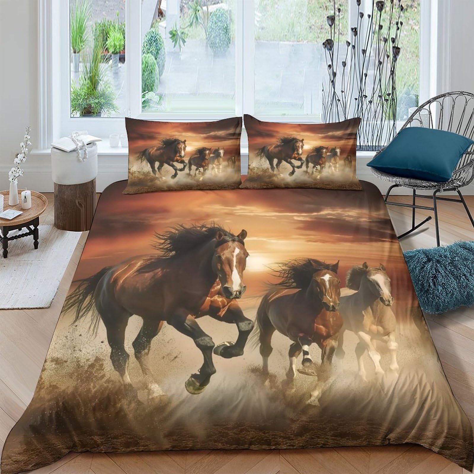 GPLZQXKJNH 3D Printed Wild Horse Duvet Cover Microfiber Soft Breathable Sunset Gallop Bedding Set with 2 Pillowcases for Bedroom Decor Single（135x200cm）