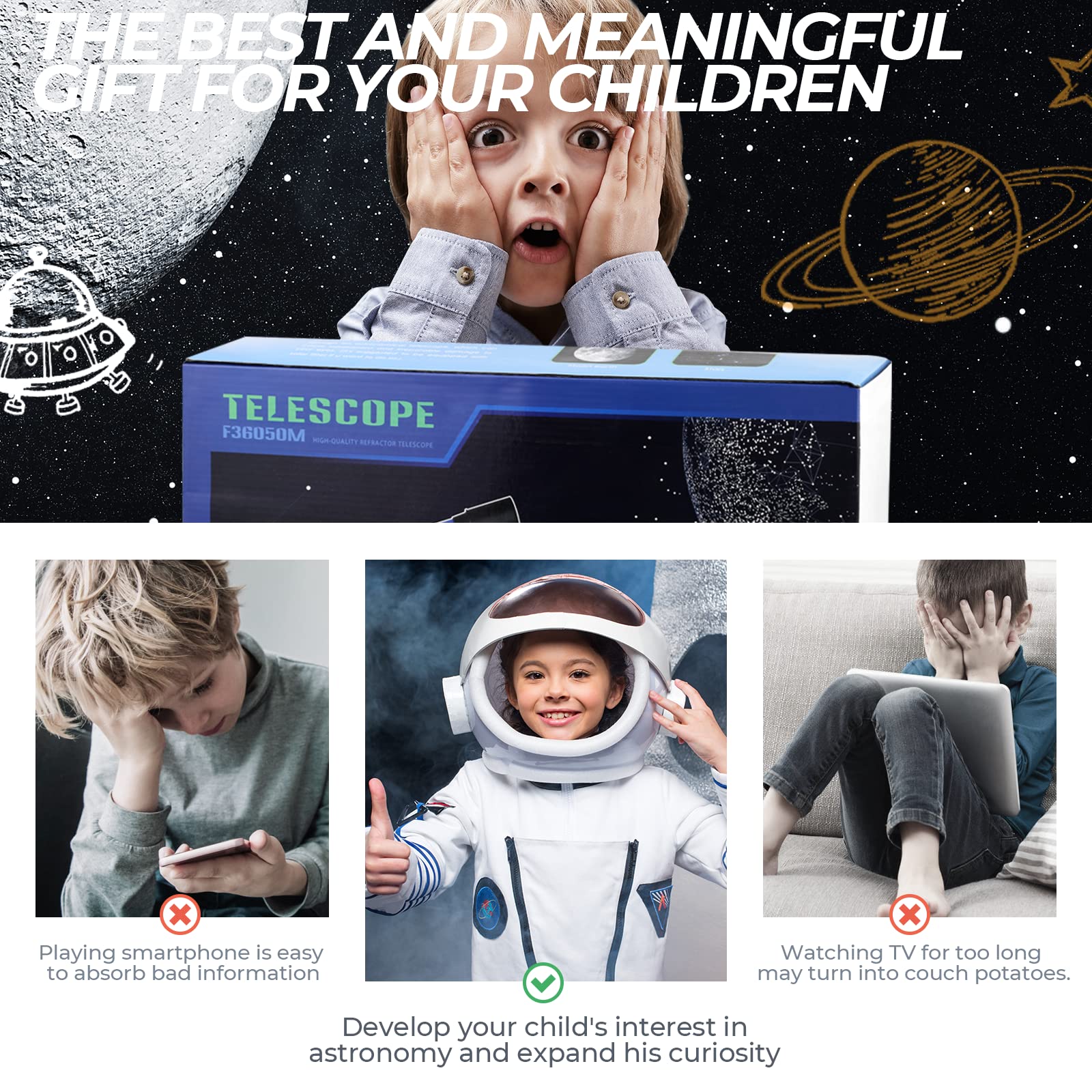 Télescope 50/360 mm avec 2 Oculaires et Trépied Léger pour Enfants Puissent Observer La Lune et Le Ciel Nocturne, pour Les Jeunes Aspirants Astronomes