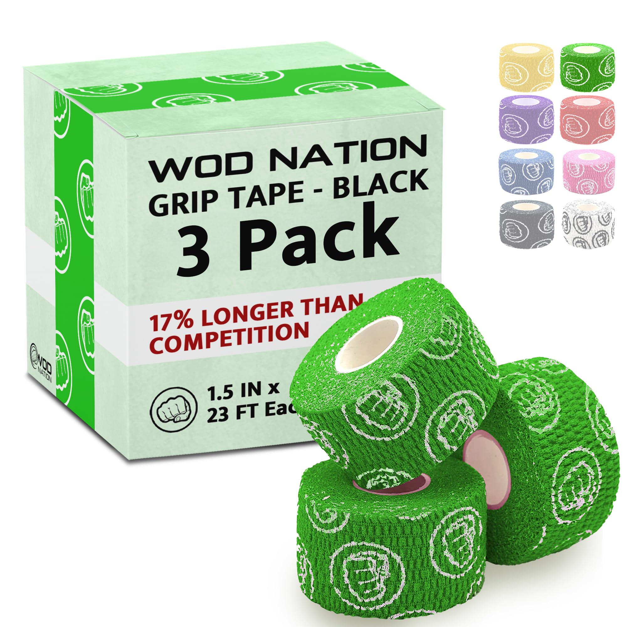 WOD Nation Weightlifting Hook Grip Tape - Bulk 3 Pack (23ft Per Roll) Comfortable & Stretchy Athletic Thumb Tape for Weight Lifting, Excercise & Cross Training - Protect Thumb, Wrist & Finger (Green)