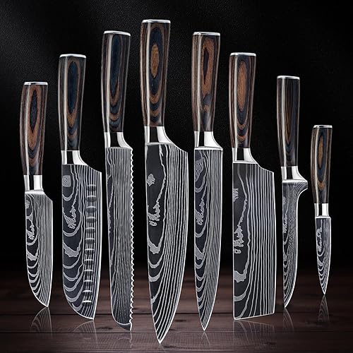 SENKEN 8-piece Premium Japanese Kitchen Knife Set with Laser Damascus Pattern - Imperial Collection - Ultra Sharp for Very Fast Cutting