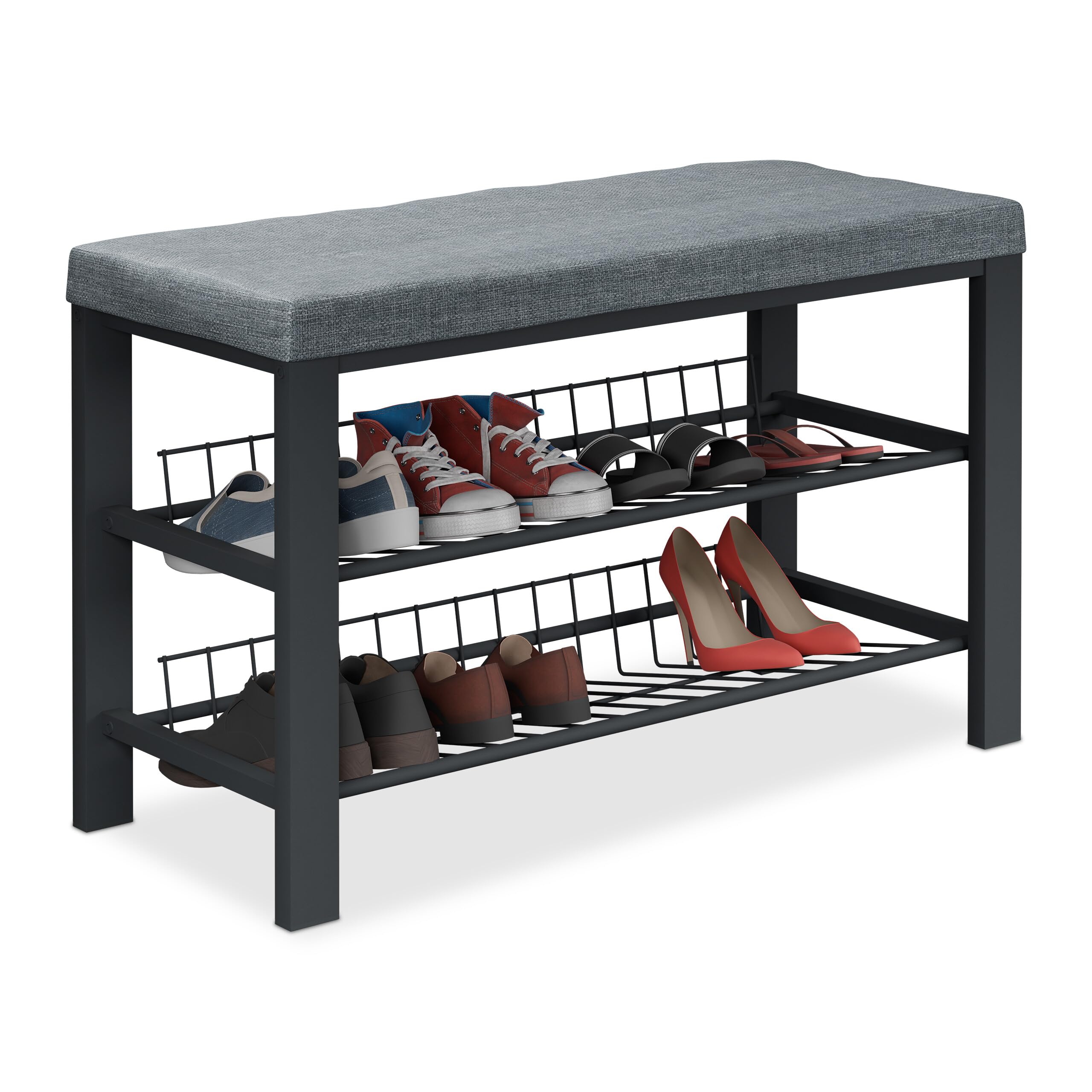 Relaxdays Panca Scarpiera da Ingresso, 2 Ripiani Portascarpe, Panchina Cuscino Imbottito, 50,5x82x33 cm, Nero Grigio, Fibra di Legno