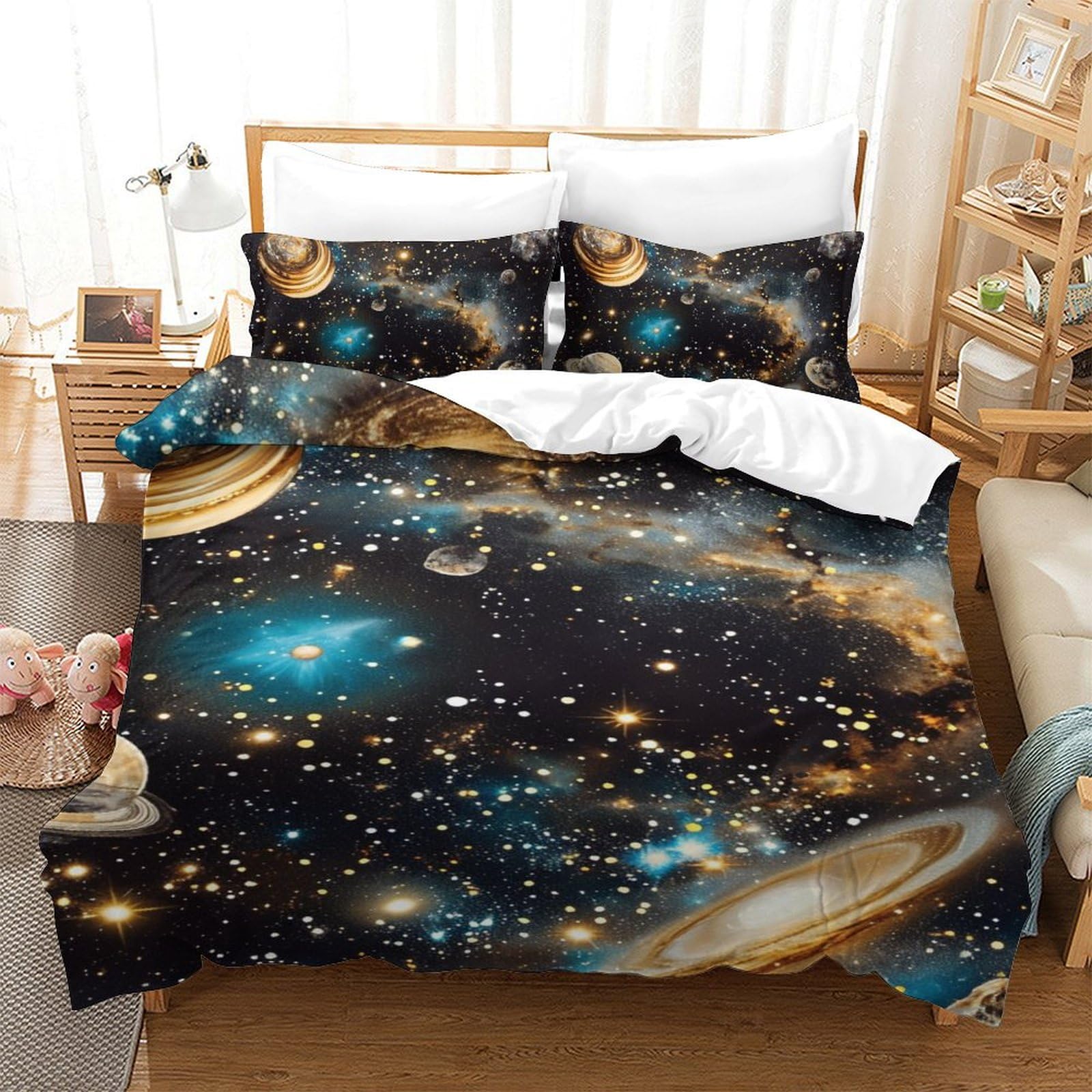Housse de couette galaxie 140x200cm anti-plis, parure lit 3D microfibre respirante