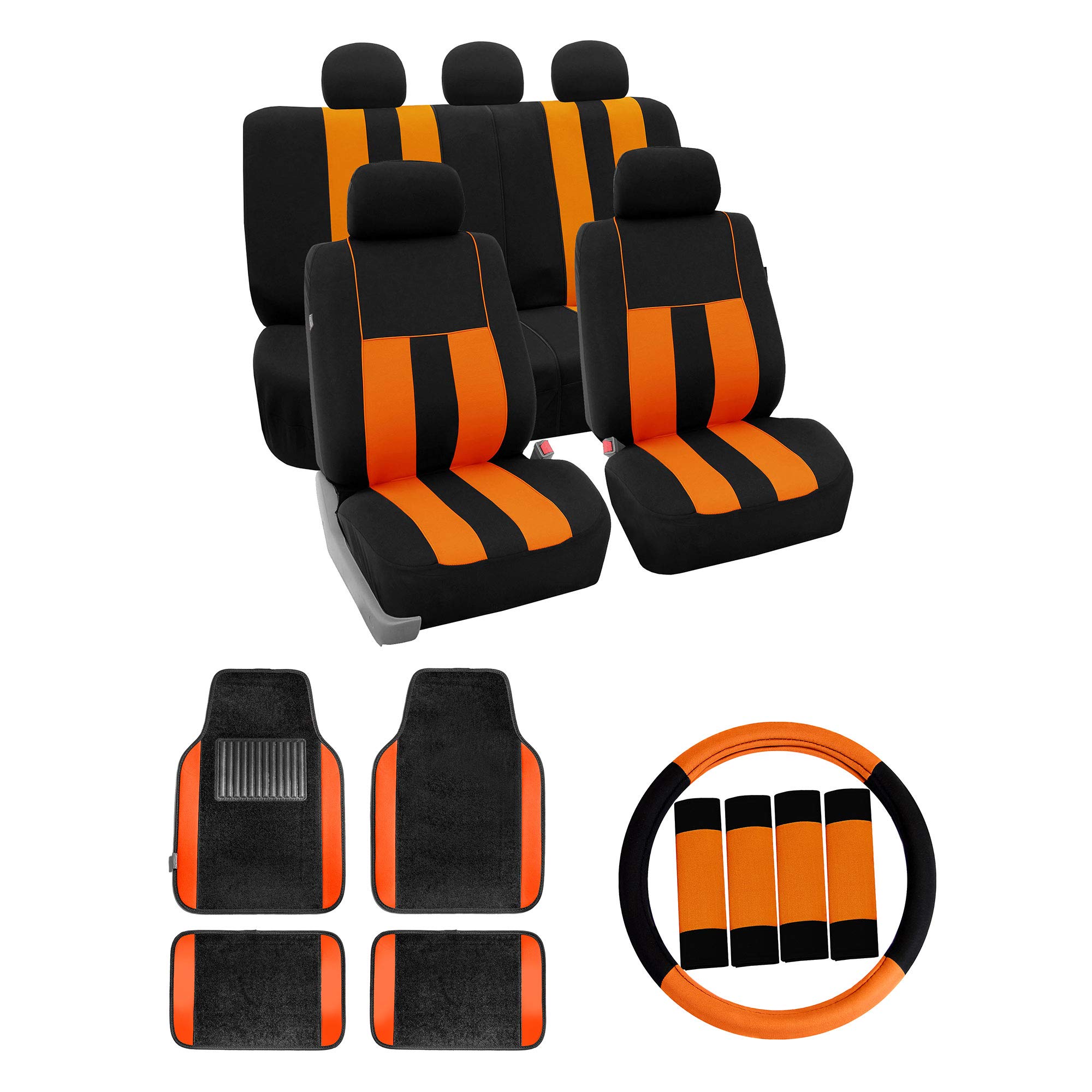 TLH Car Seat Covers Striking Striped Orange Automotive Car Seat Covers Full Set Universal Fit Airbag Compatible Split Bench with Interior Accessories