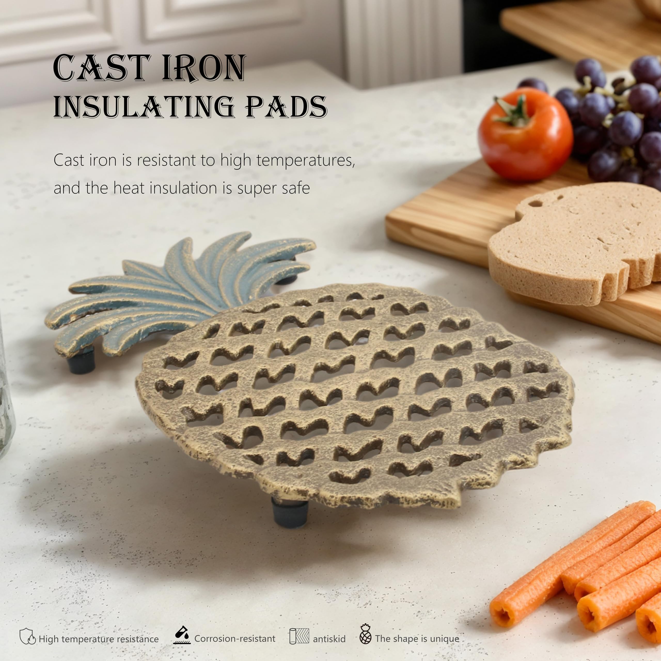 Cast Iron Trivets for Hot Dishes, Pineapple-Shaped Metal Trivets for Kitchen and Dining Protection, Decorative Tirvets with Pinch Mitts, Rubber Pegs