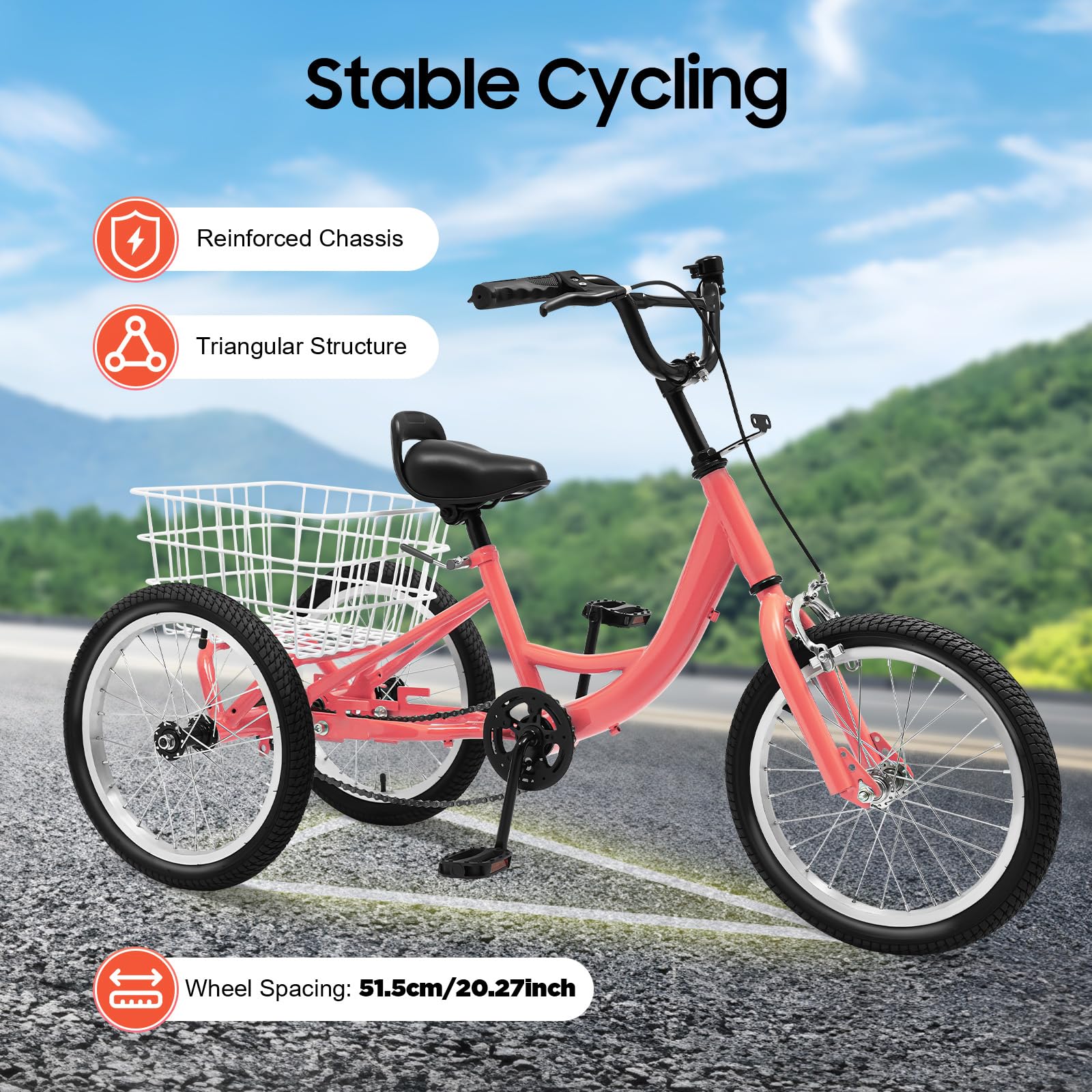 Fridgestea 16 inch driewieler voor kinderen, 7-10 jaar, robuuste kinderfiets van koolstofstaal, met 110 lbs draagkracht, 3 wielen, cruiser, fiets met boodschappenmand en in hoogte verstelbare zitting