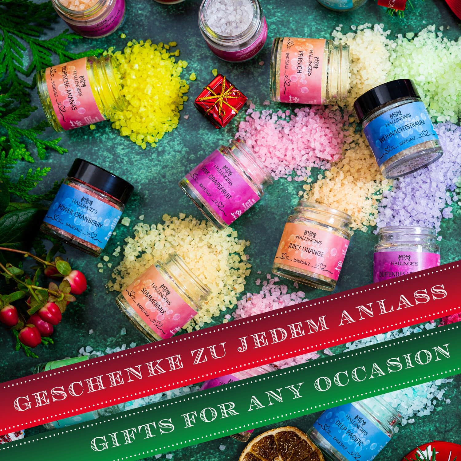 Hallingers Genuss Manufaktur Badesalze Weihnachts-Geschenk-Set - 24x Badezusatz mit Totes Meer Badesalz edle Geschenkbox, Badekristalle Fußbad & Spa "Frohe Weihnachten", Weihnachten für Frauen Männer