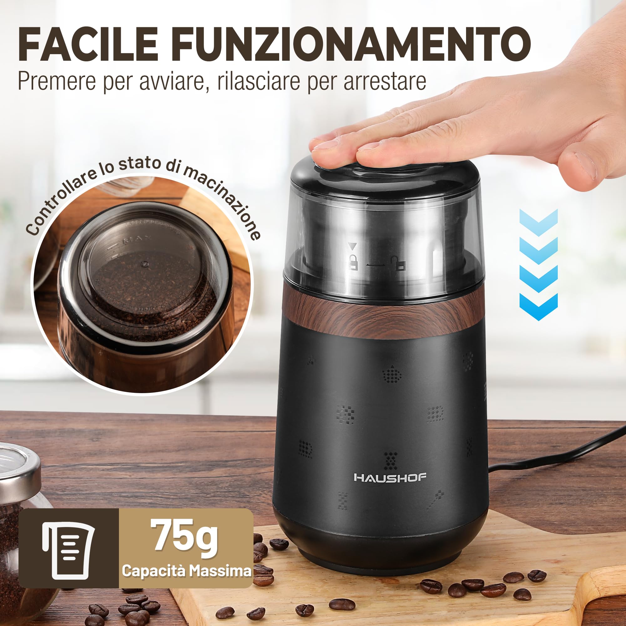 HAUSHOF Macina Caffè Elettrica da 75 g, Macinacaffè da 150W per Chicchi di Caffè e Spezie, Macina Spezie Multifunzionale per Chicchi di Caffè, Noci, Erbe