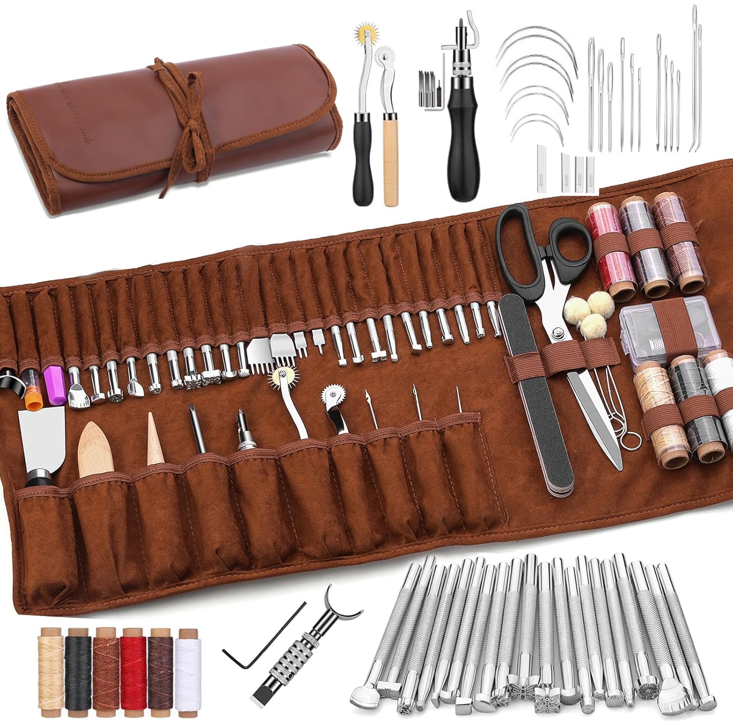 TINMAGI Herramientas de Artesanía de Cuero, Kit de Costura con Bolsa de Almacenamiento Personalizada, Herramientas de Trabajo de Cuero para Cortar, Perforar, Tallar