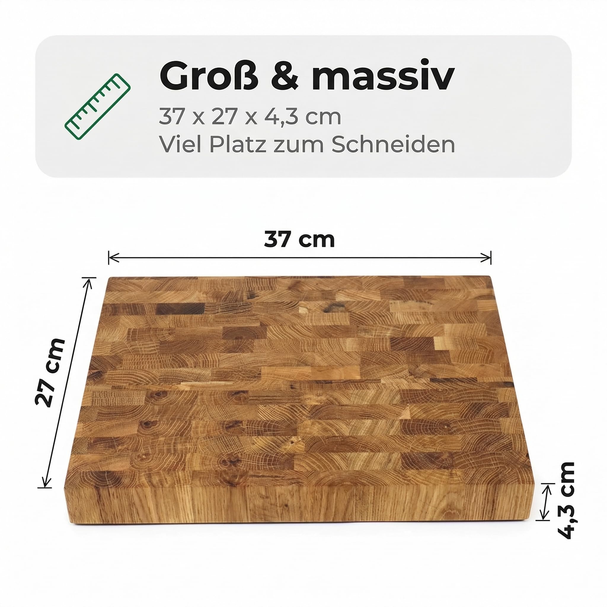 B4K Hackblock aus Eiche Stirnholz 37×27×4,3 cm inkl. Ständer | Geölt, Griffmulden, Rutschfest mit Silikonfüßen, Messerschonend, BBQ & Grill