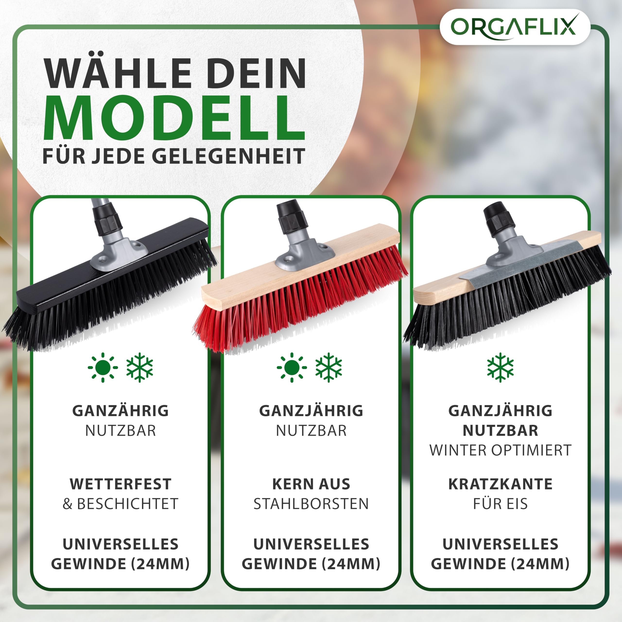 ORGAFLIX Scopa stradale con manico 40 cm, scopa da cortile e terrazza con setole dense in elaston, manico regolabile 60-130 cm, robusta e durevole, made in Germany & Italy