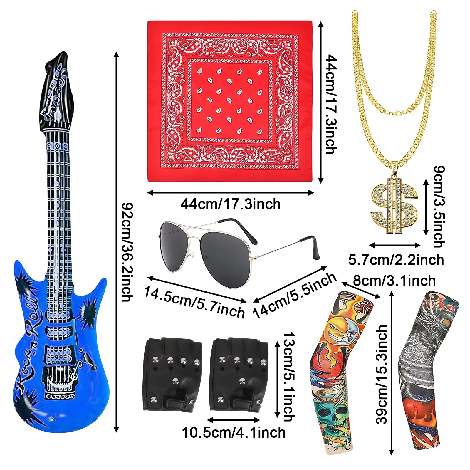 Kighdel Rockstar Fancy Dress-8PCS Punk Accessories Gothic Rock Star Costume Outfit with Blue Guitar, Sunglasses, Headscarf - Image 2