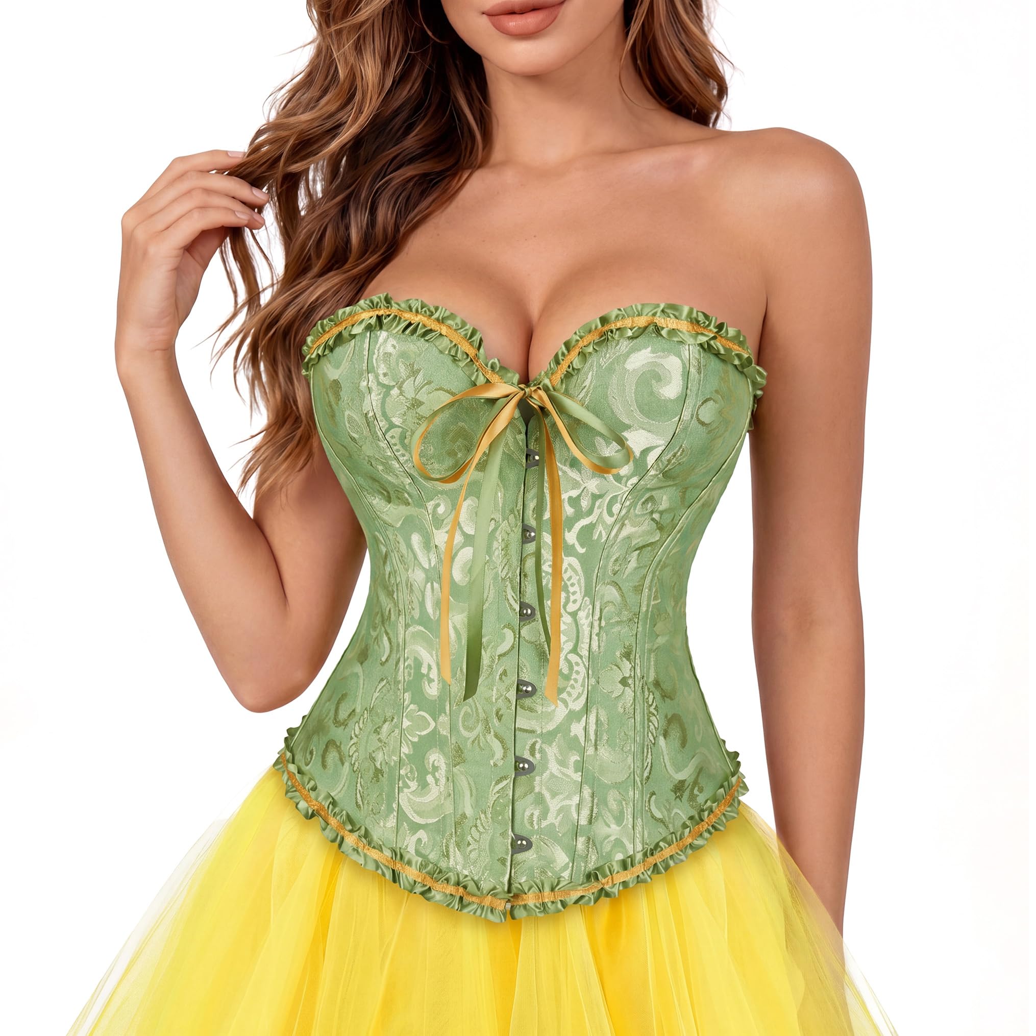Womens Floral Black Lace Trim Corset Overbust Waist Cincher Bustier Top-image-9