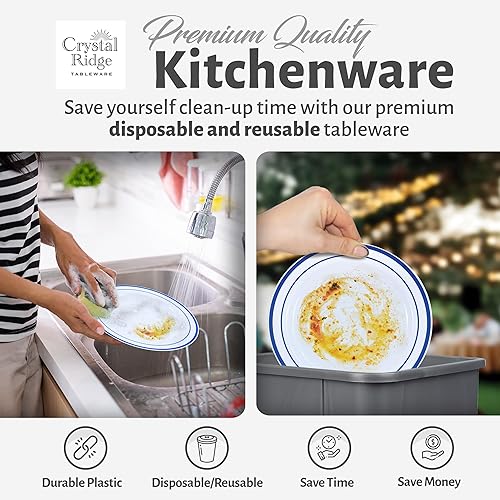 Miniatura 5 de Crystal Ridge Tableware Juego de 60 platos de plástico de alta calidad, 30 platos llanos y 30 platos de ensalada, platos desechables para fiestas,