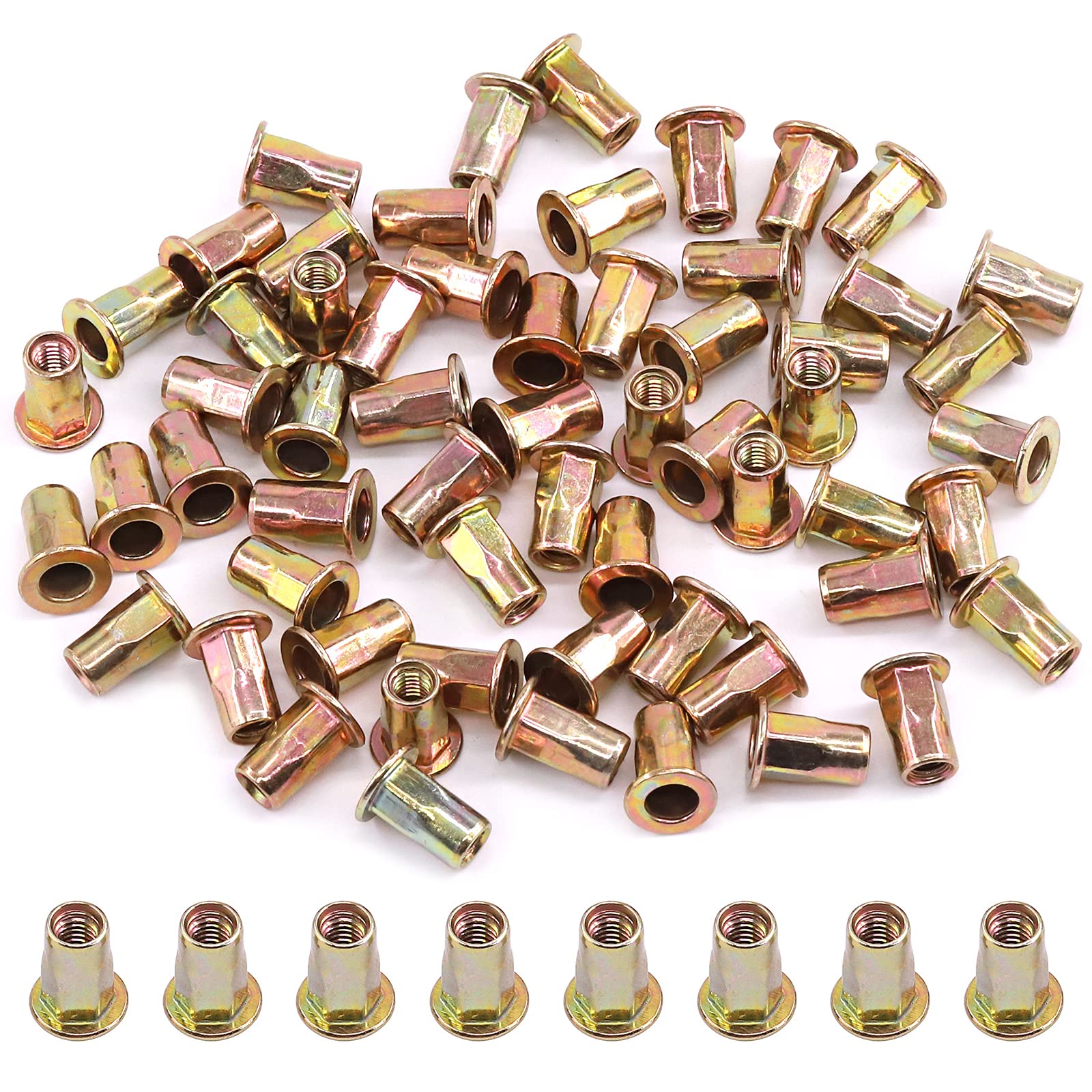 Glarks 60Pcs M4 Half Hex Body Flange Rivet Nuts Zinc Plated Carbon Steel Flat Head Threaded Insert Nut Rivnut Set (M4)