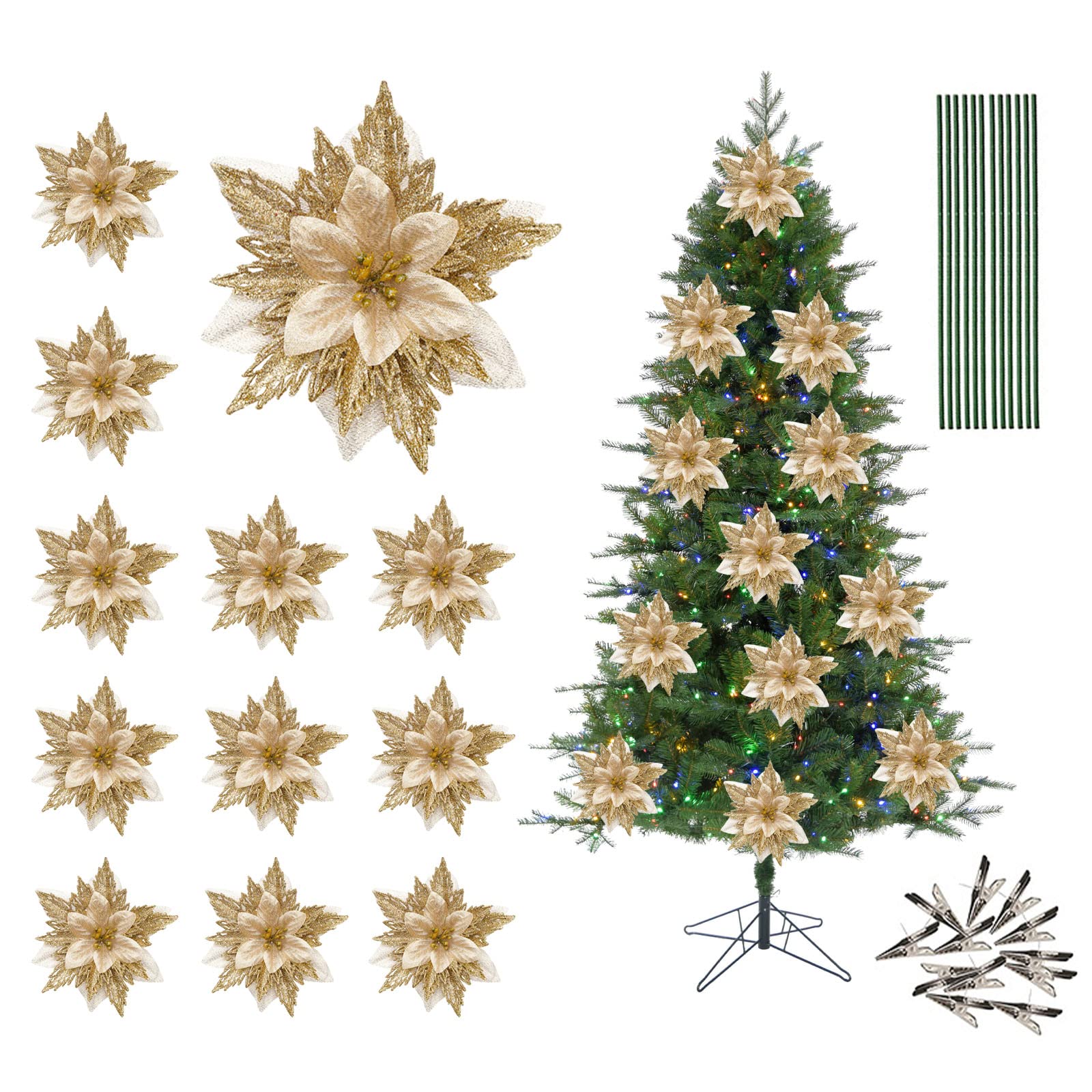 Bestalice Gold 12 Pcs Artificial Christmas Poinsettia Flowers, 15Cm Fake Flowers Glitter Poinsettia Christmas Wreath Christmas Tree Ornaments With Clip And Pole,
