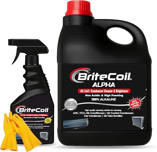 BriteCoil ALPHA AC Coil Cleaner with 500ml Spray Bottle & Safety Hand Gloves Condenser Cleaner & Brightener Concentrated Chemical High Foaming Non…
